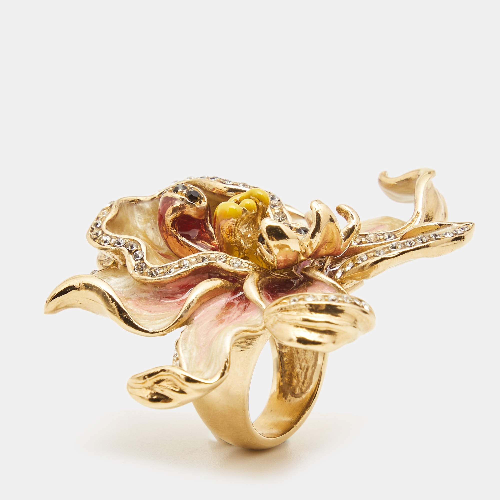 Pre Owned Etro Flower Crystals Enamel Gold Tone Ring Size 53