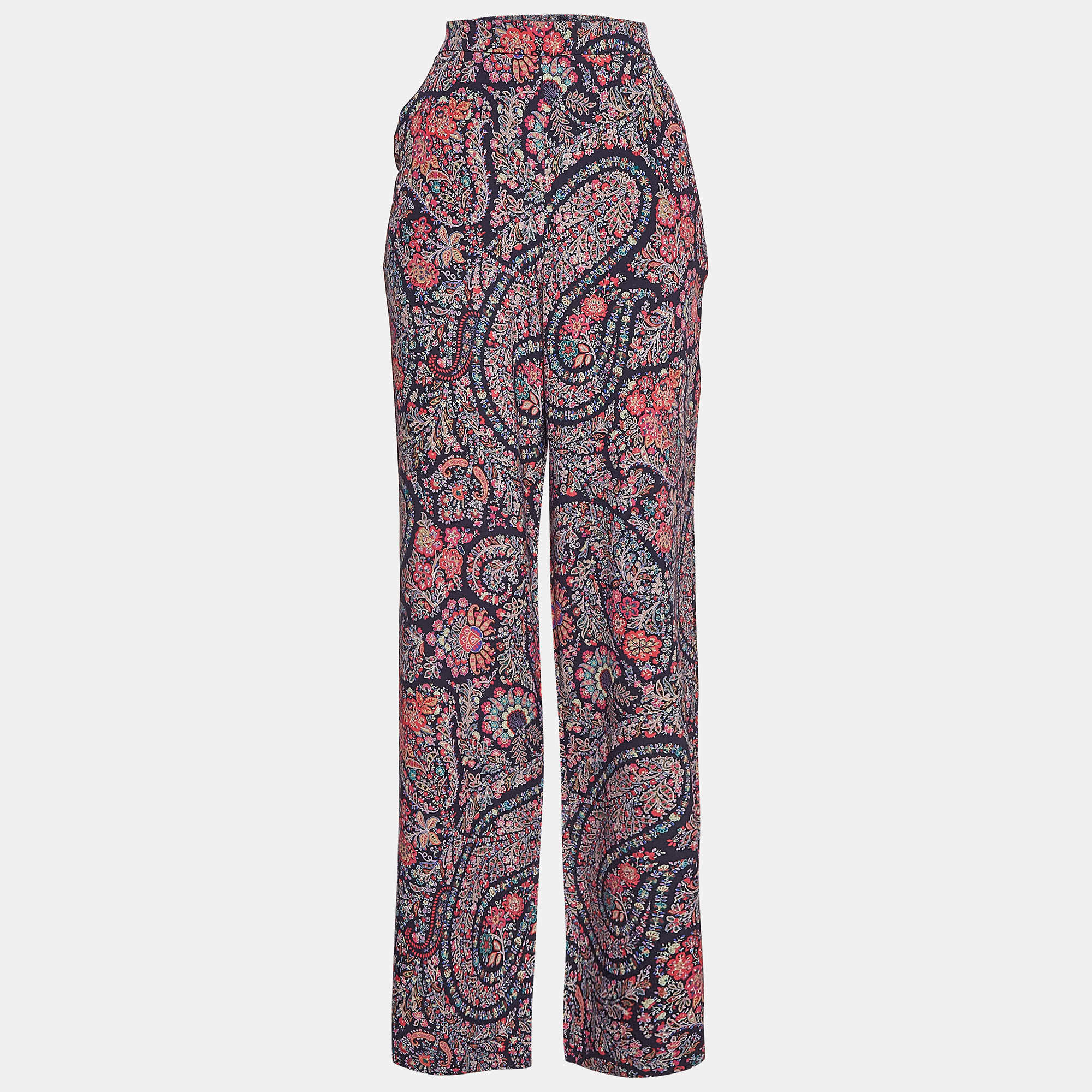 Pre Owned Etro Multicolor Floral Paisley Print Silk Wide-Leg Pants M