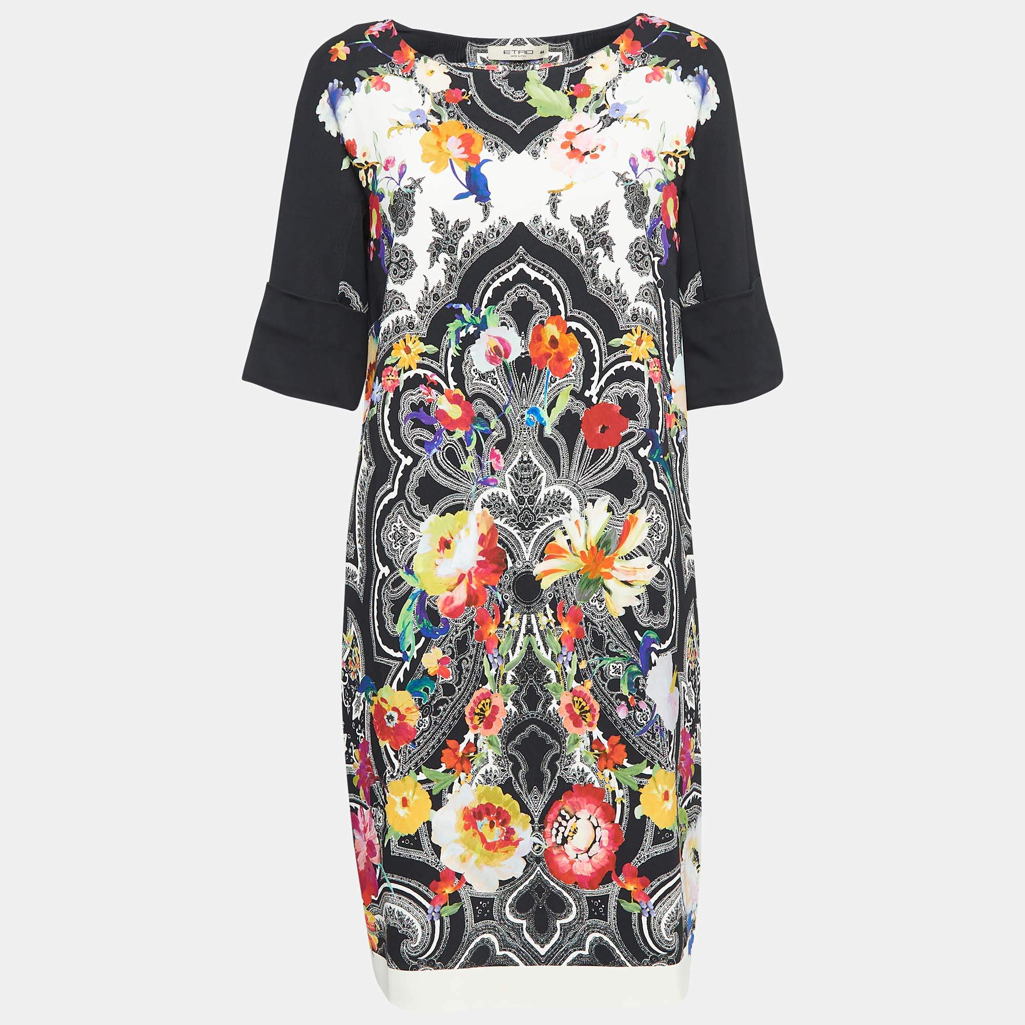 Pre Owned Etro Black Floral Print Stretch Crepe Shift Dress M
