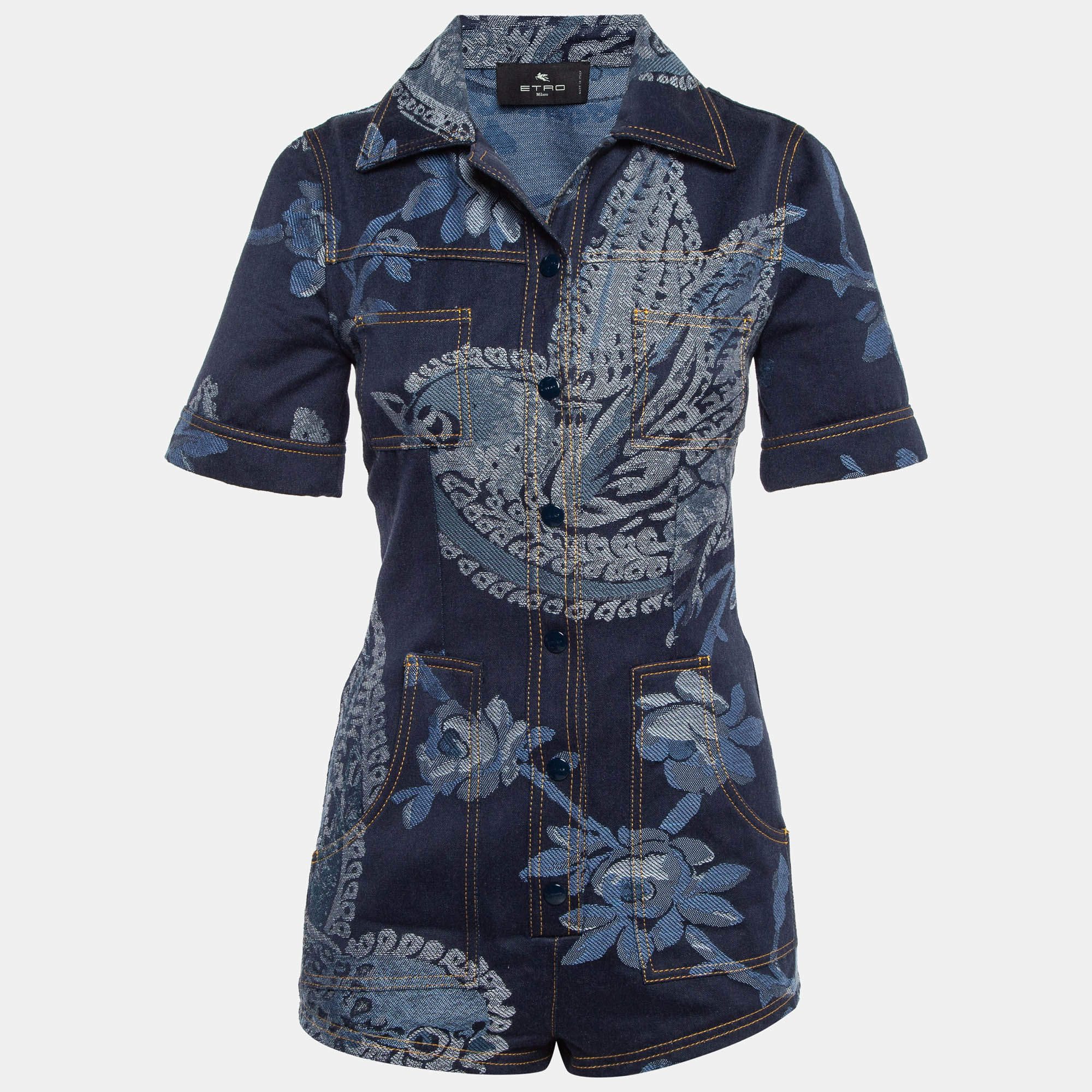 Pre Owned Etro Blue Floral Jacquard Denim Playsuit S