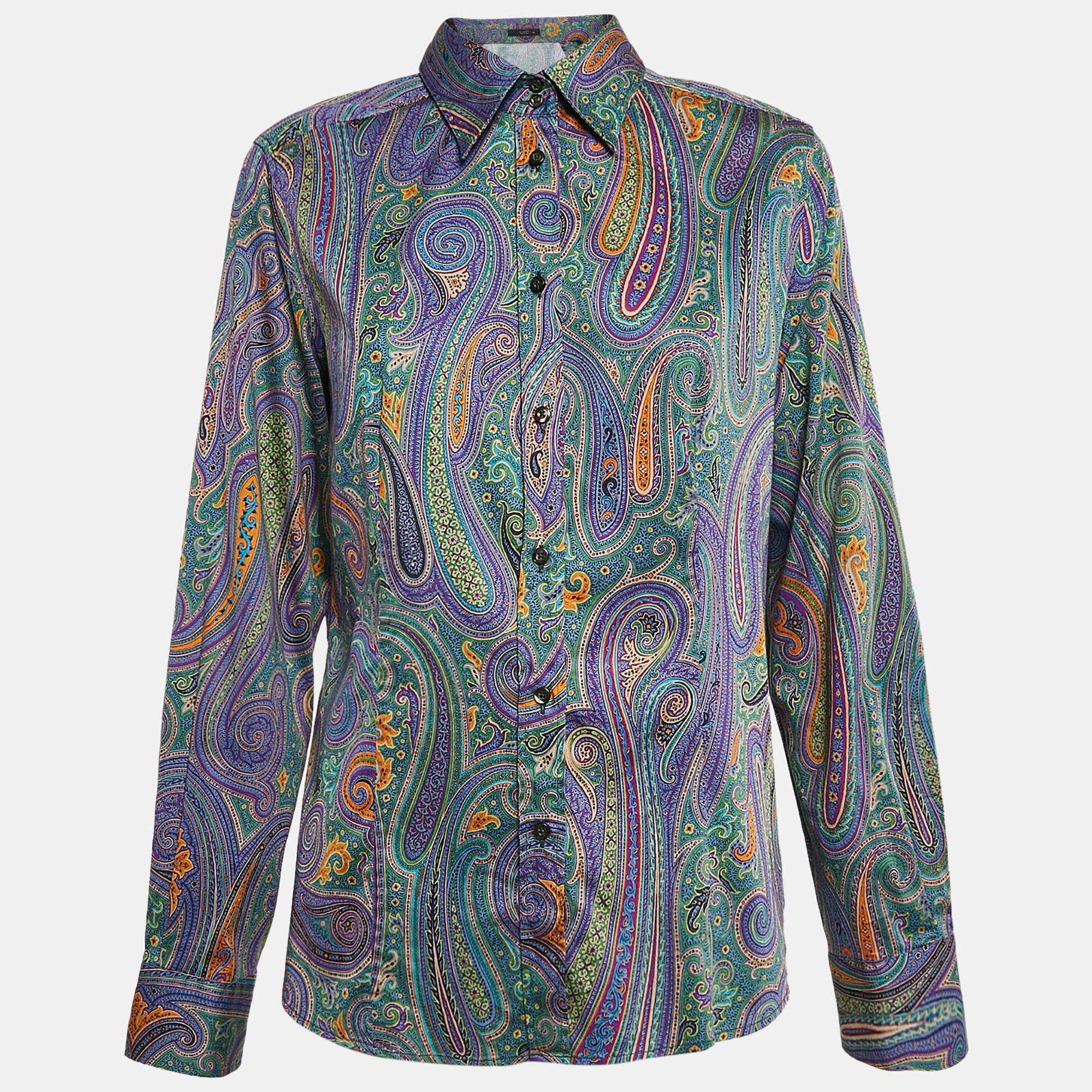 Pre Owned Etro Purple Paisley Print Cotton Button Front Shirt L