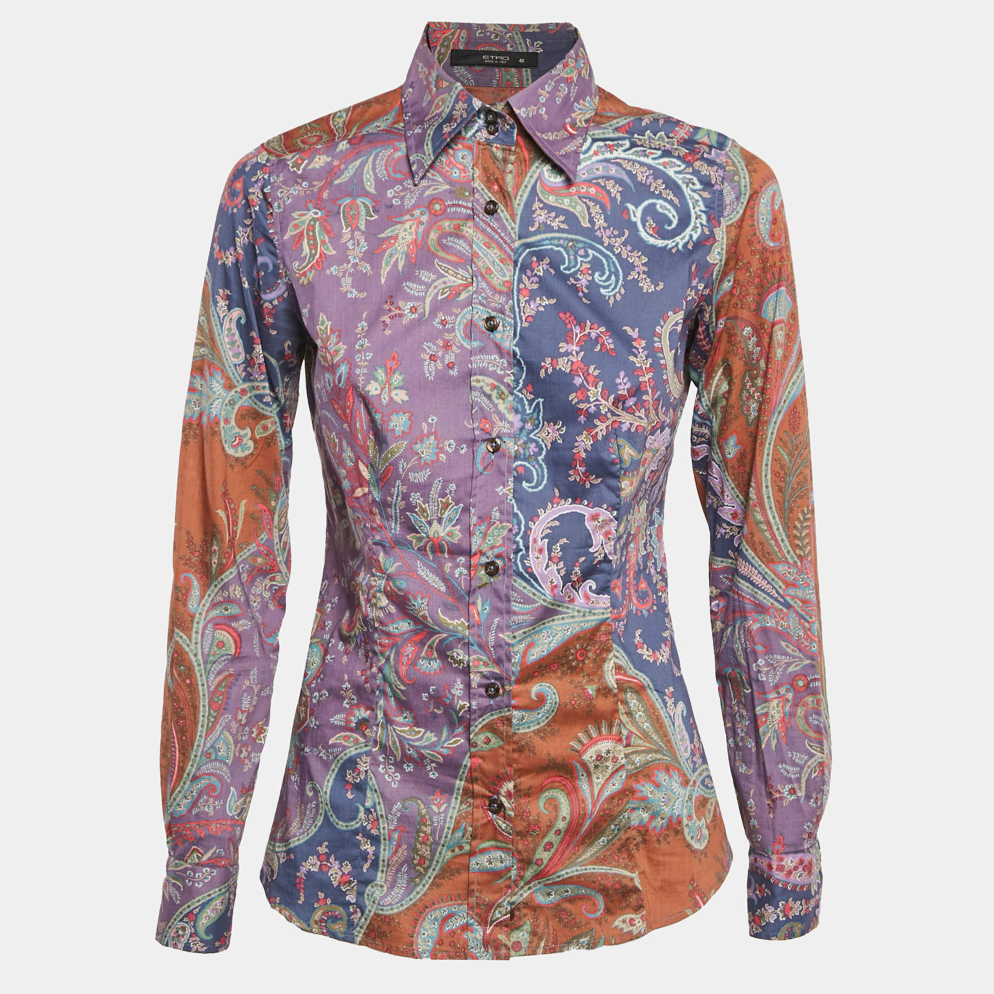 Pre Owned Etro Purple/Brown Paisley Print Stretch Cotton Tribal Accent Shirt S