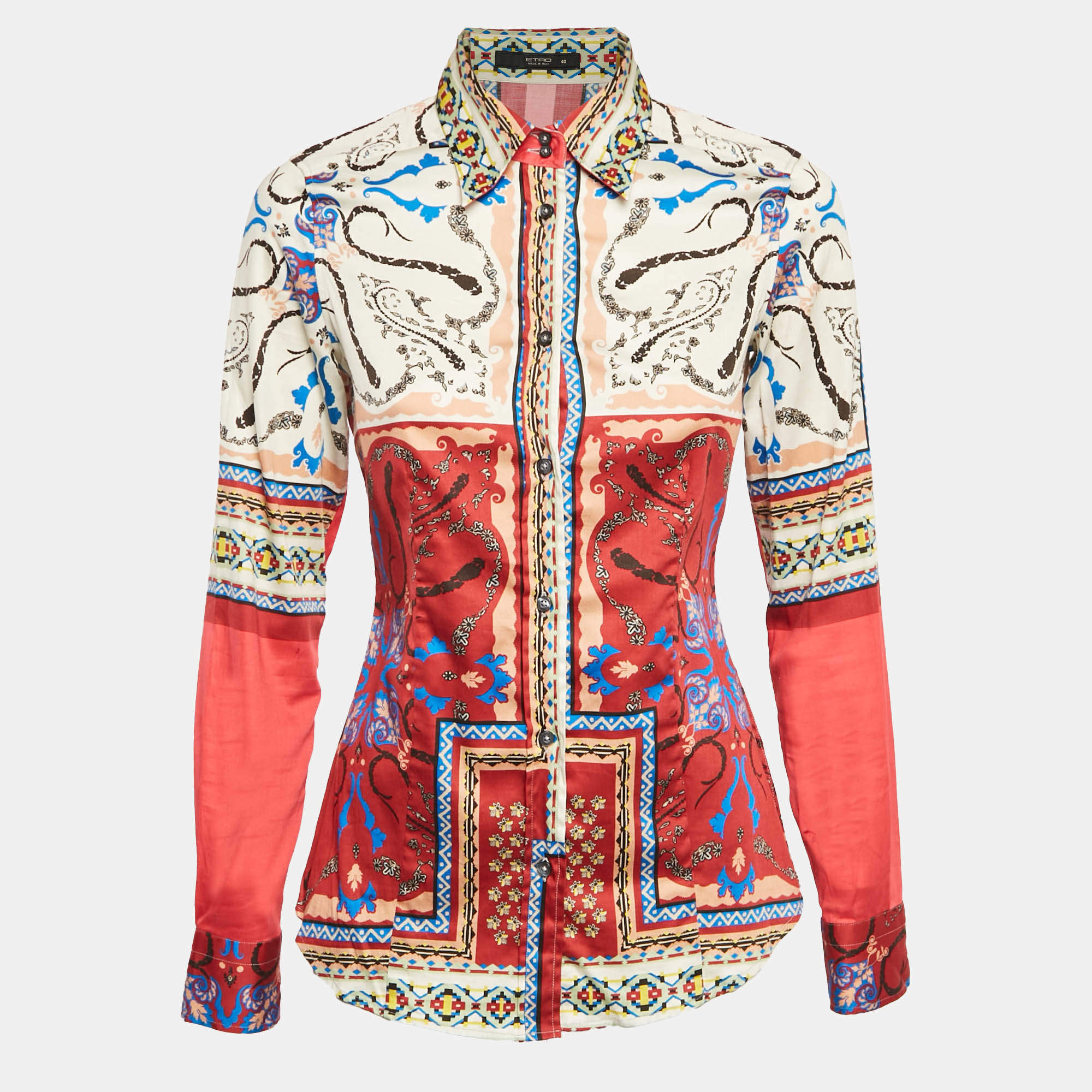 Etro Red Tribal Accent Print Stretch Cotton Shirt S 