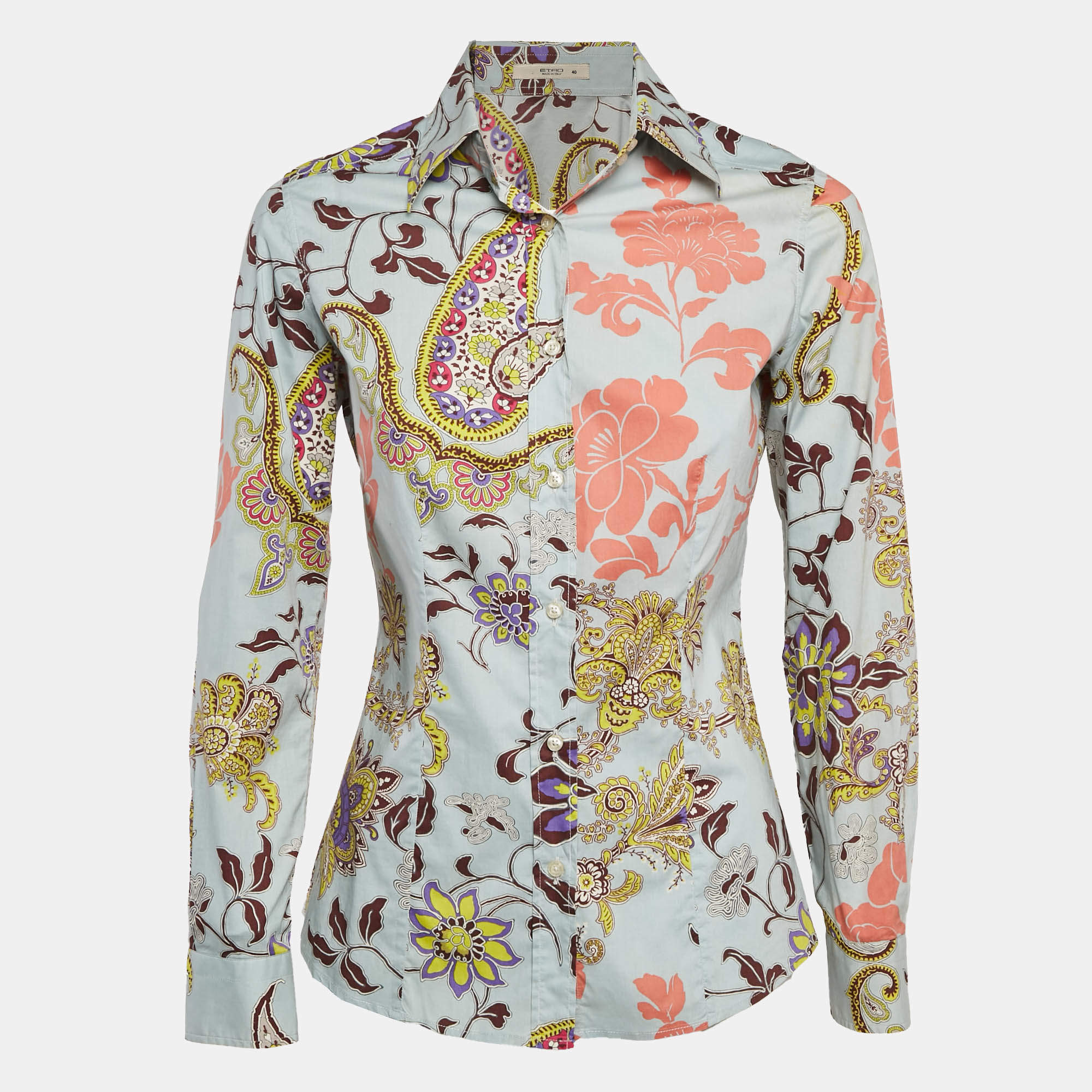 Pre Owned Etro Blue Floral Print Stretch Cotton Shirt S