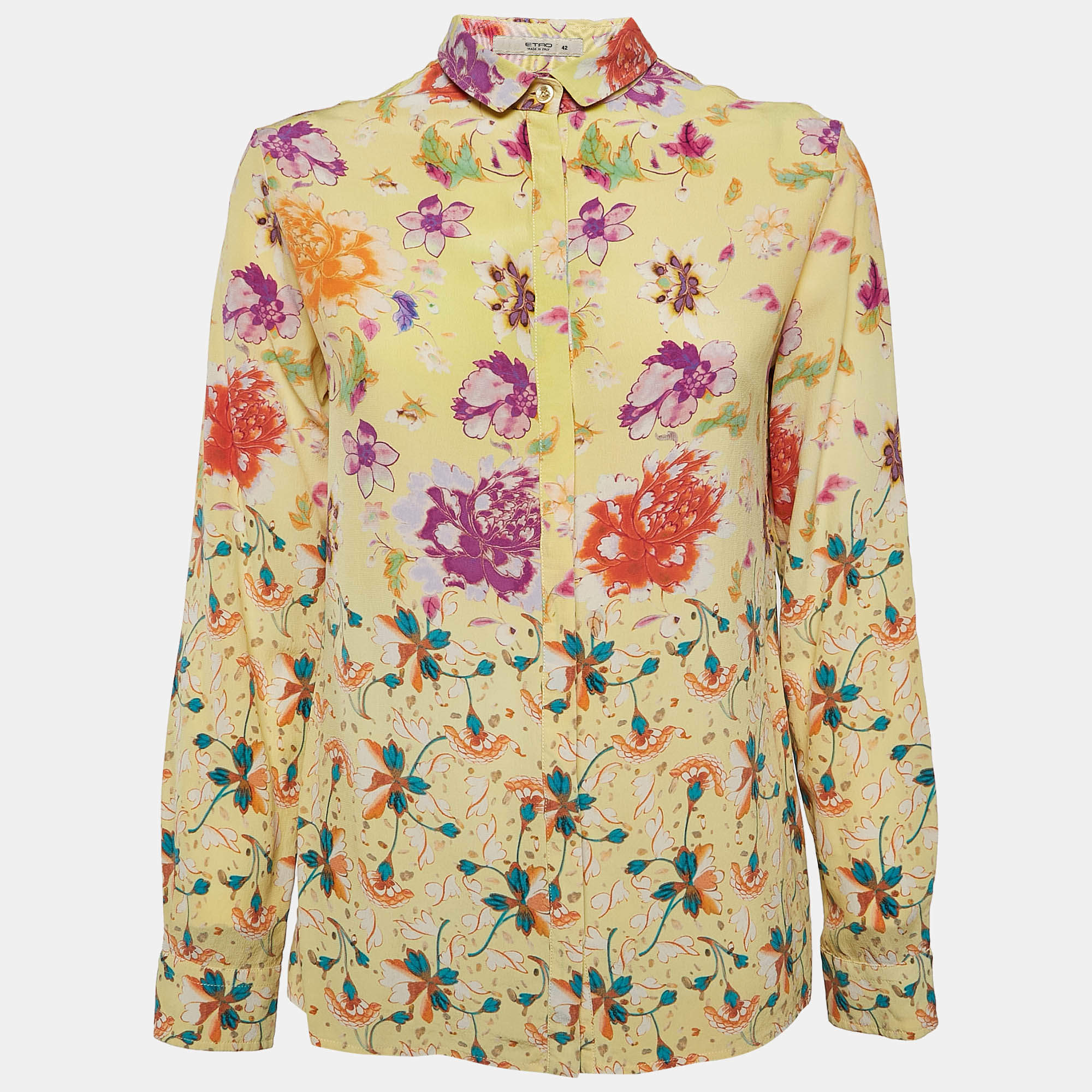 Pre Owned Etro Yellow Floral Silk Full Sleeve Shirt M