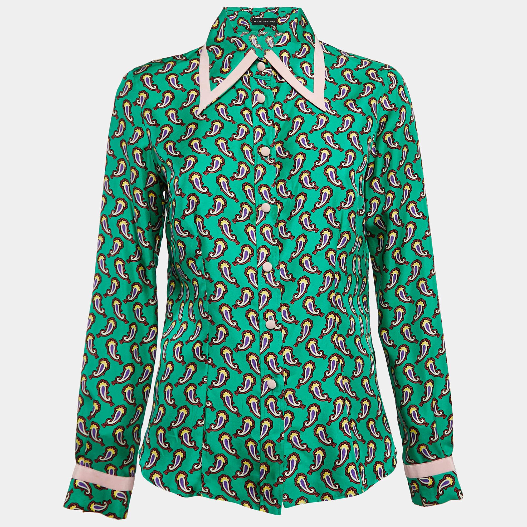 مملوكة مسبقًا Etro Green Silk Paisley Print Button Front Shirt M