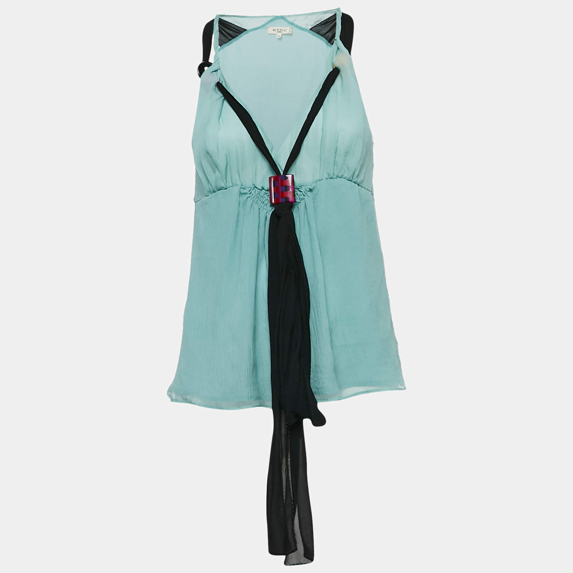 Etro Blue Textured Silk Crepe Sleeveless Bead Detail Top M