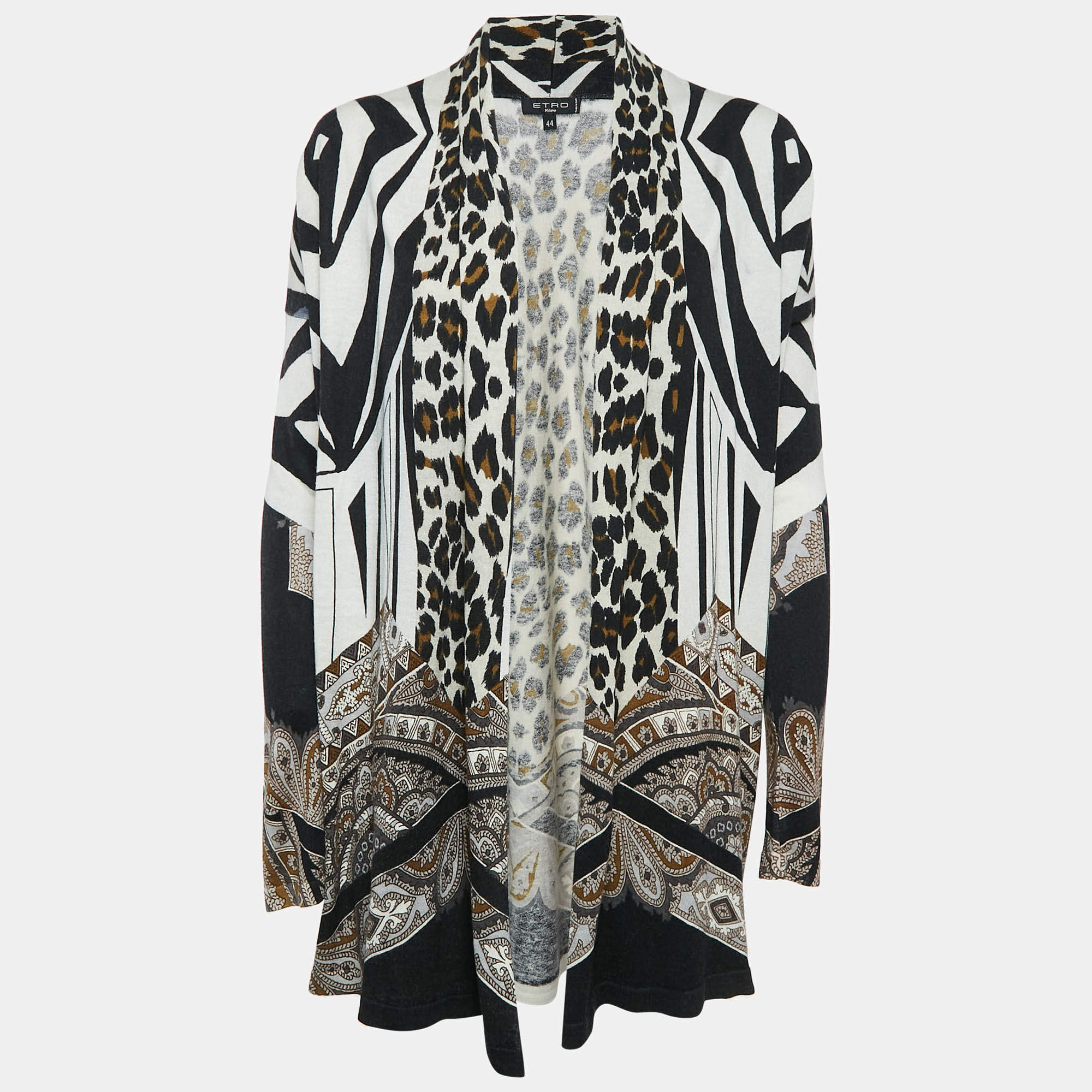 Pre Owned Etro Black Animal Print Jersey Open Front Cardigan M
