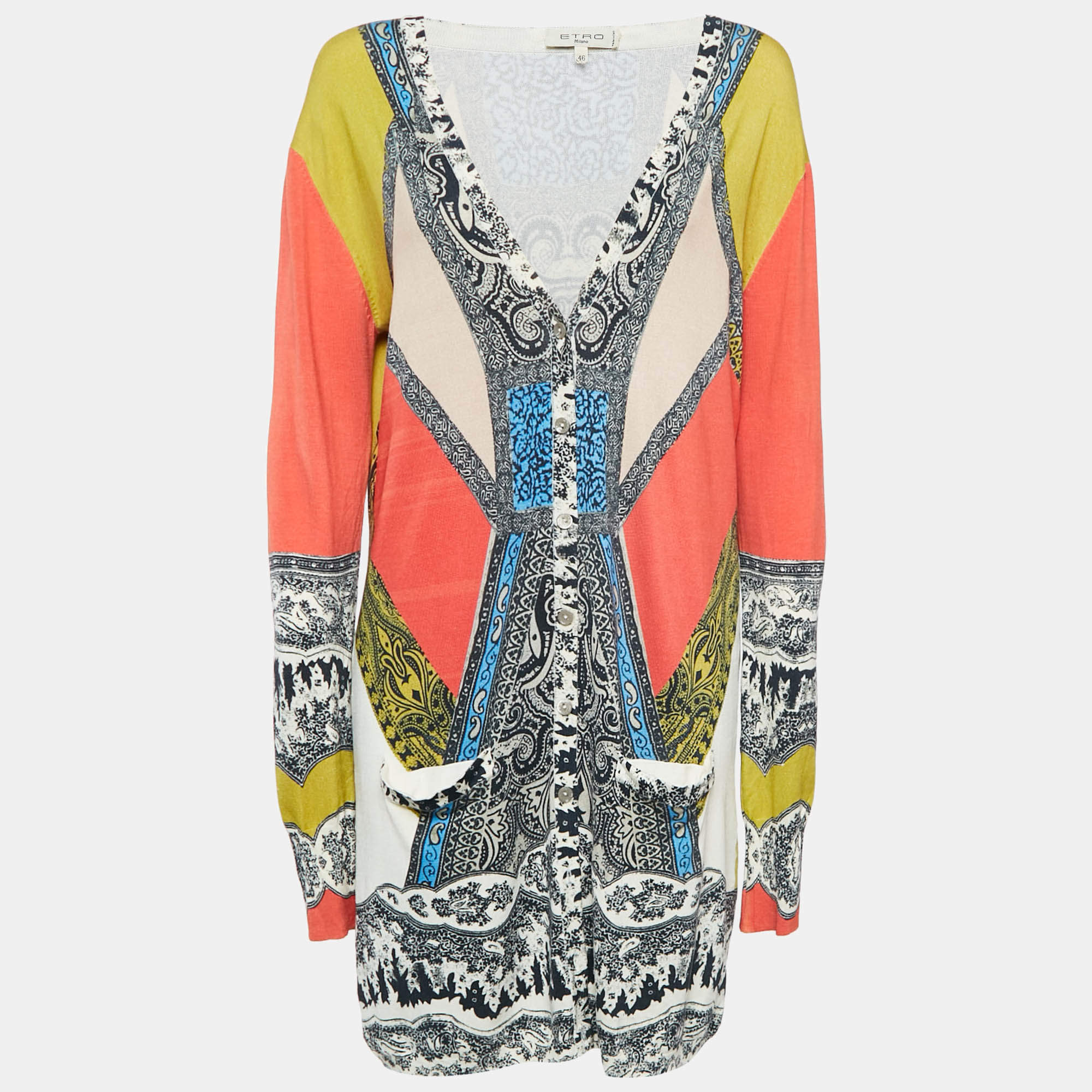 Etro Multicolor Printed Jersey Open Front Cardigan L