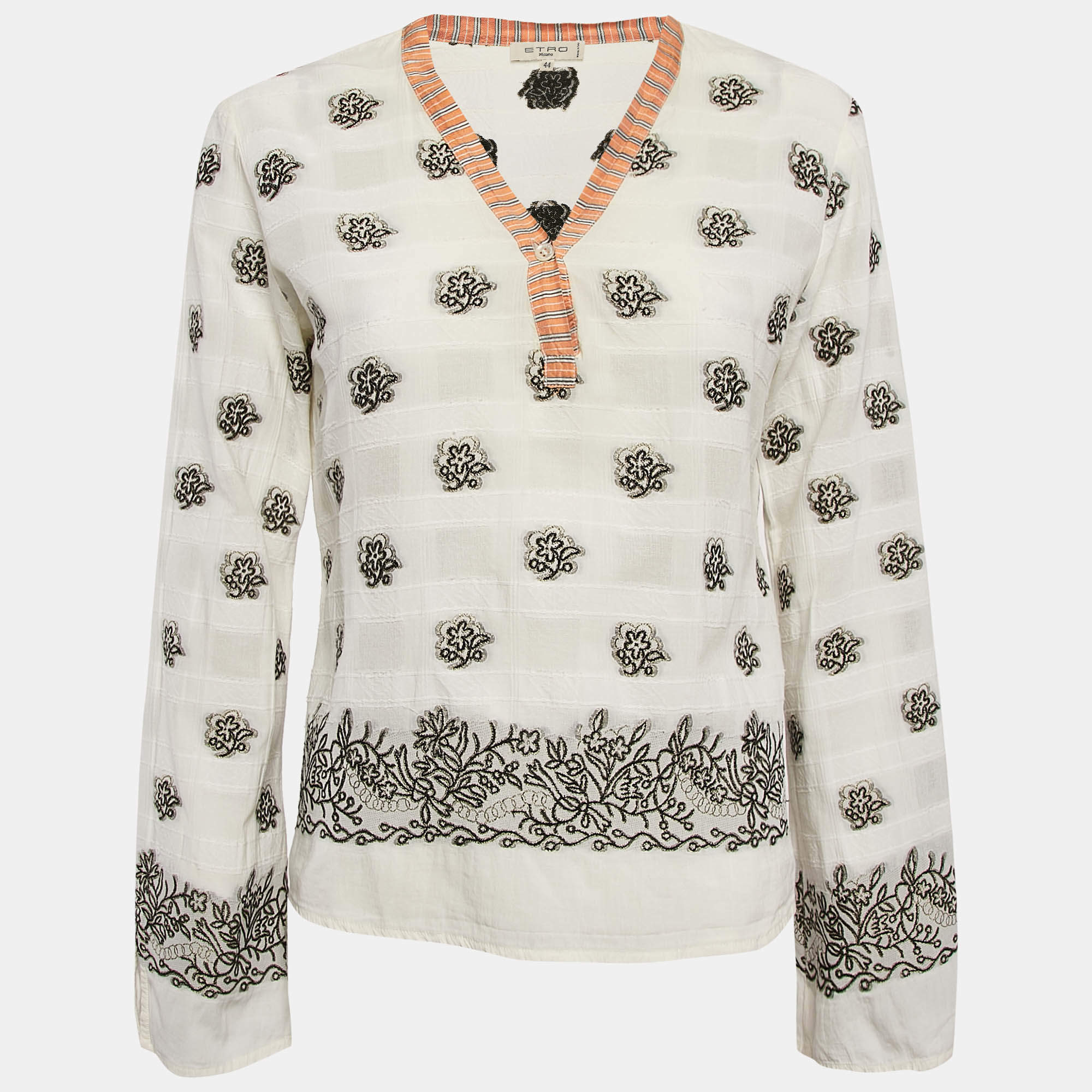 مملوكة مسبقًا توب إيترو برّاق أبيض بملمس بخامة بروديك برقبة V مقاس متوسط - ميديام