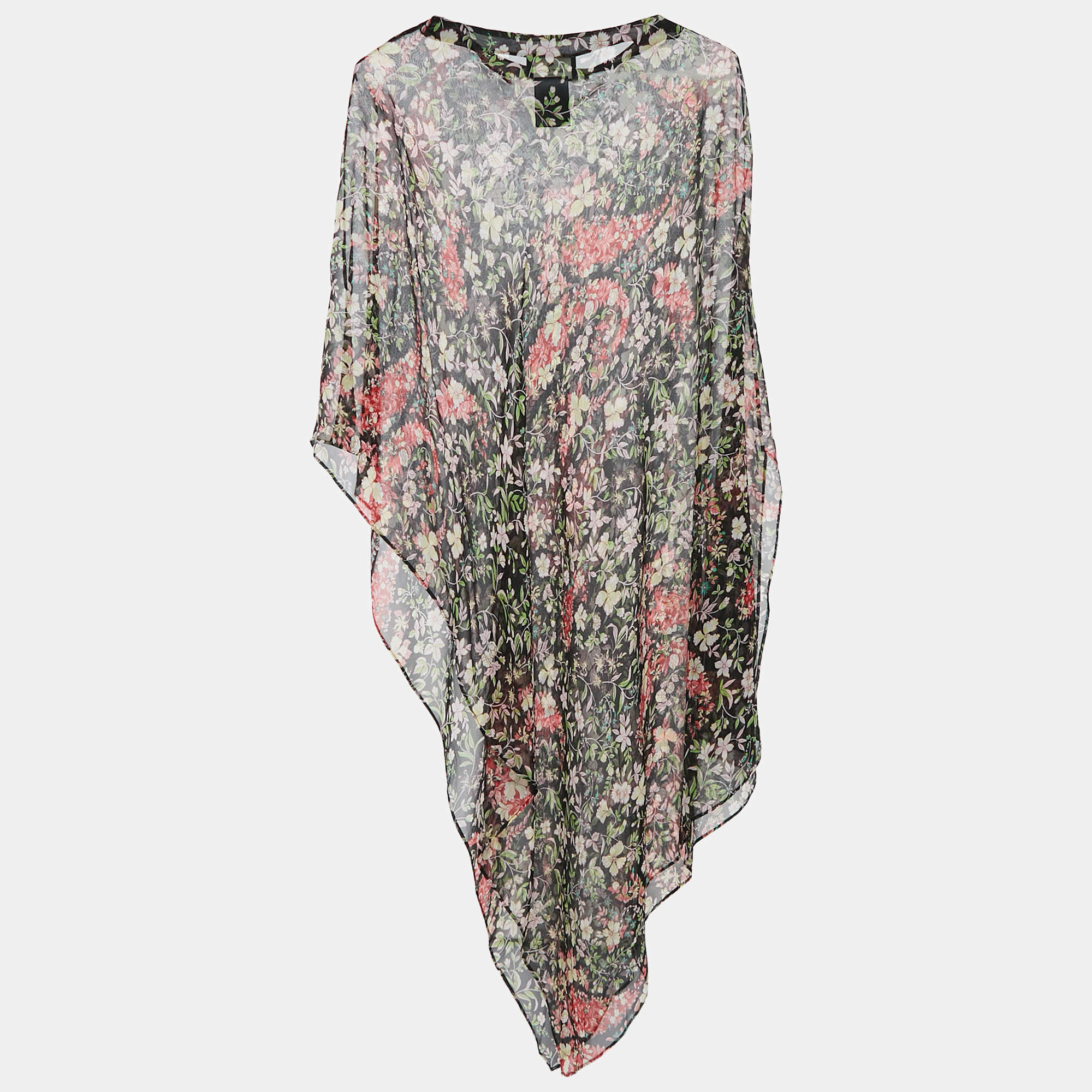 Pre Owned Etro Black Floral Print Sheer Silk Asymmetric Tunic Top ONE SIZE