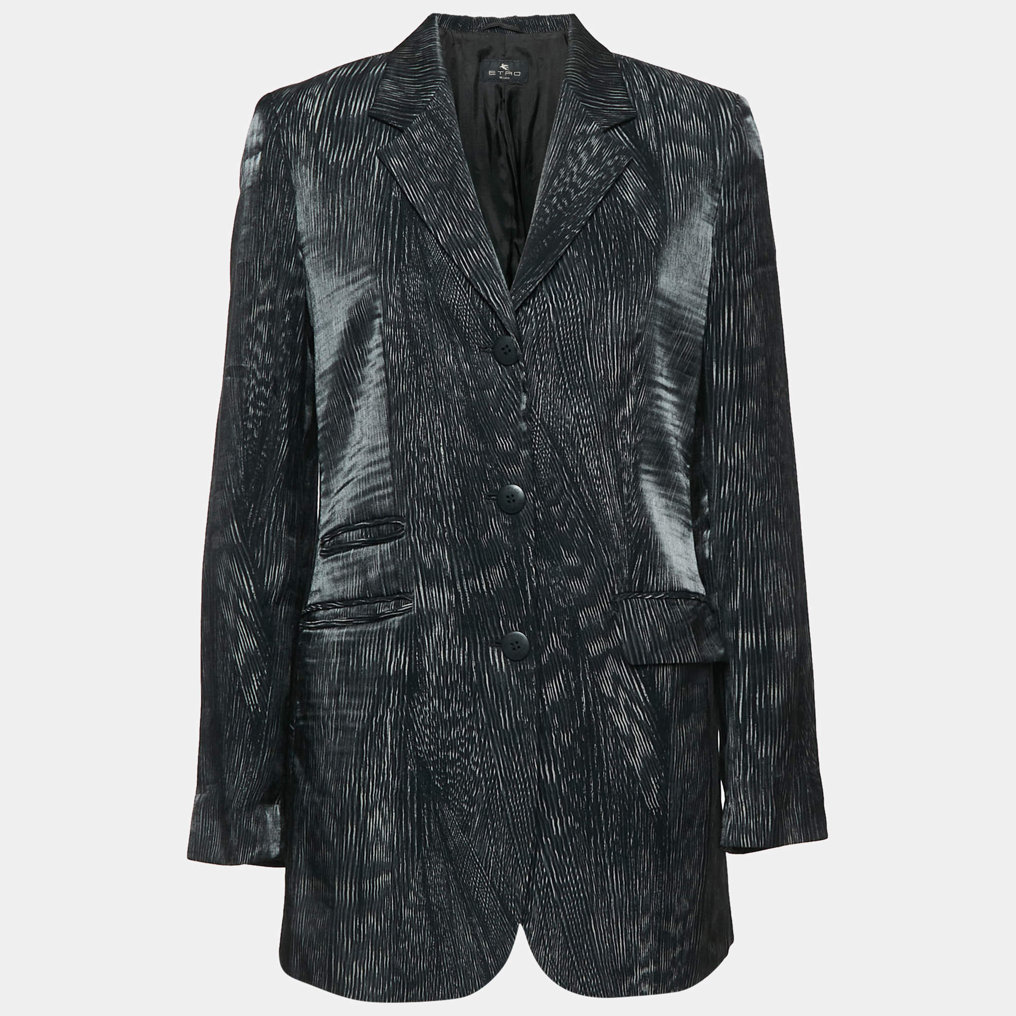 Etro Black Printed Crepe Single Breasted Blazer M