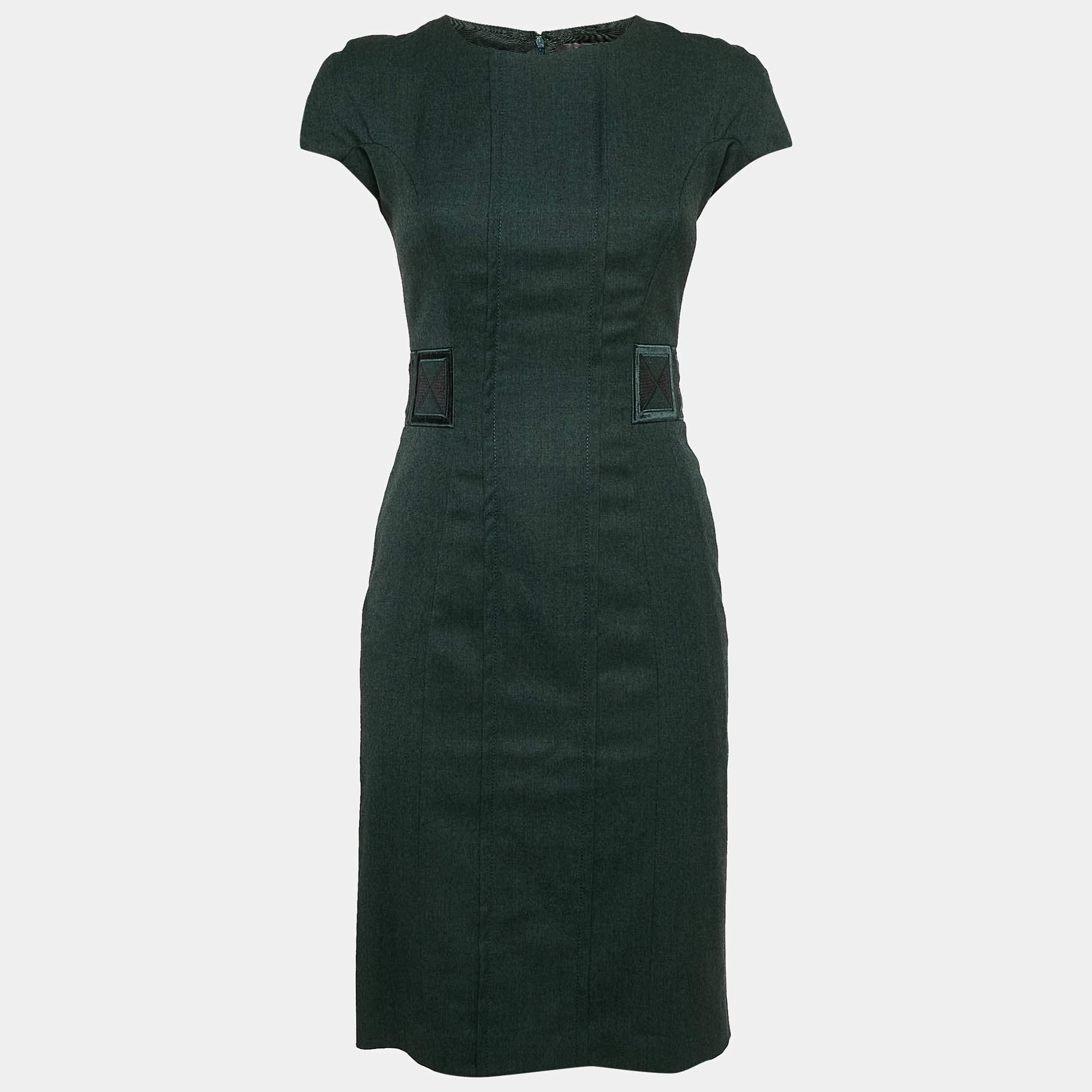 Pre Owned Etro Green Embroidered Wool Cap Sleeve Short Dress S