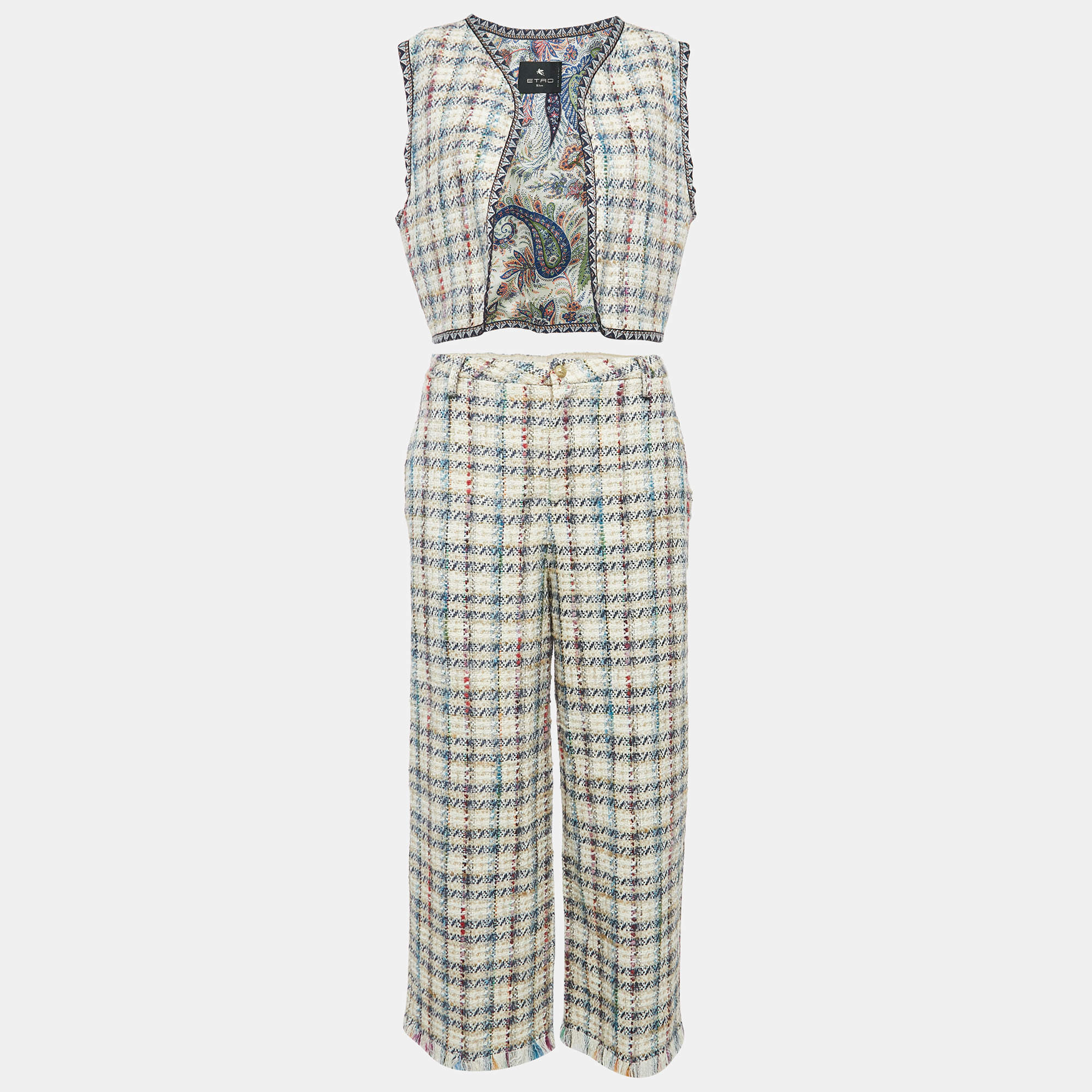 Etro Beige Checks Tweed Open Front Vest and Trousers Set M 
