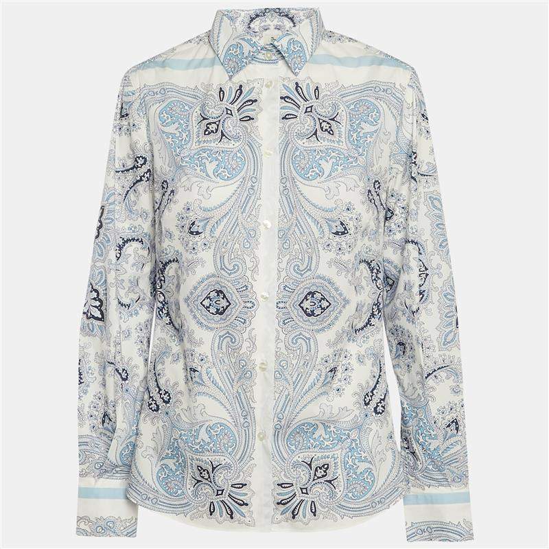 مملوكة مسبقًا Etro White/Blue Paisley Print Cotton Full Sleeve Shirt L