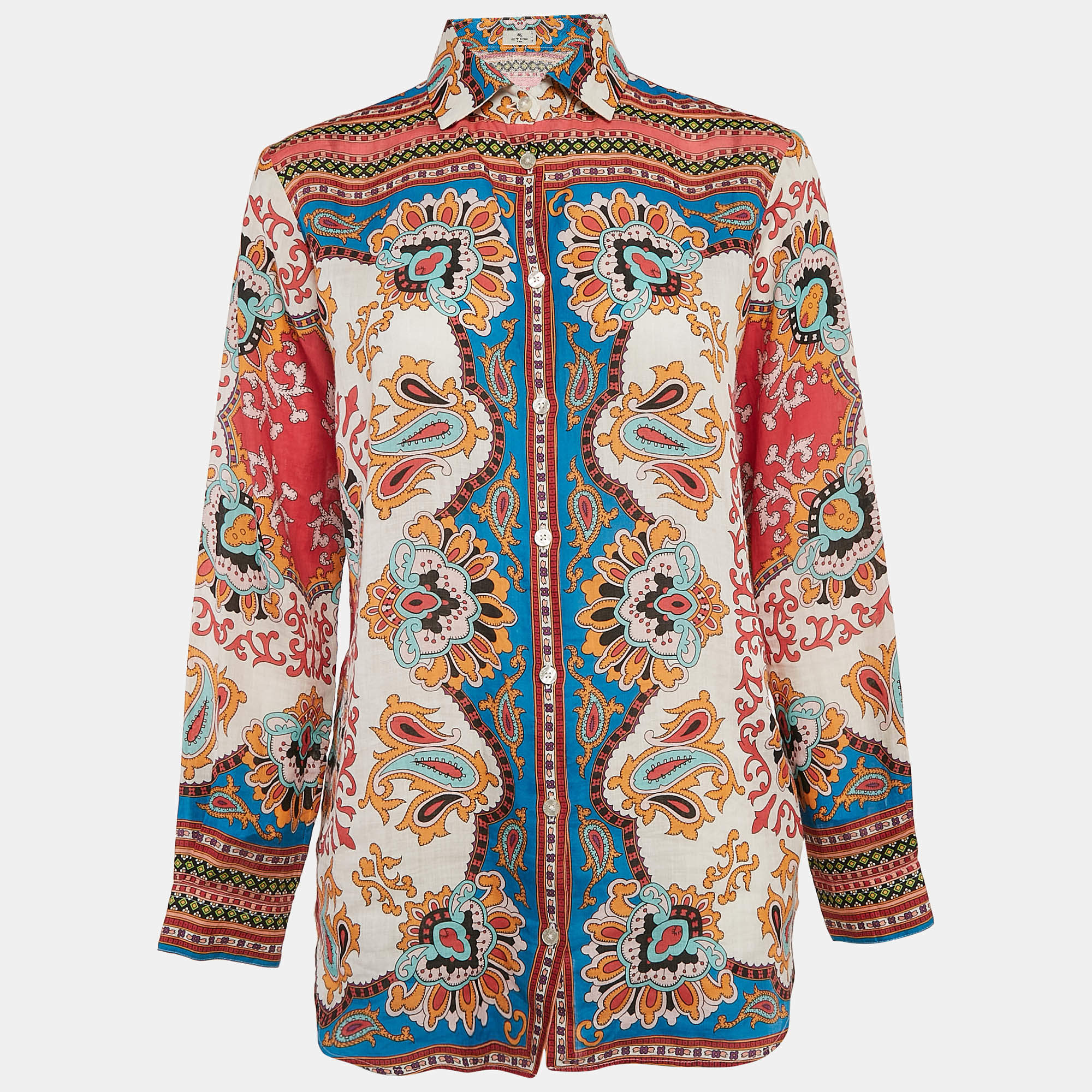Etro Red Paisley Print Ramie Long Sleeve Shirt M