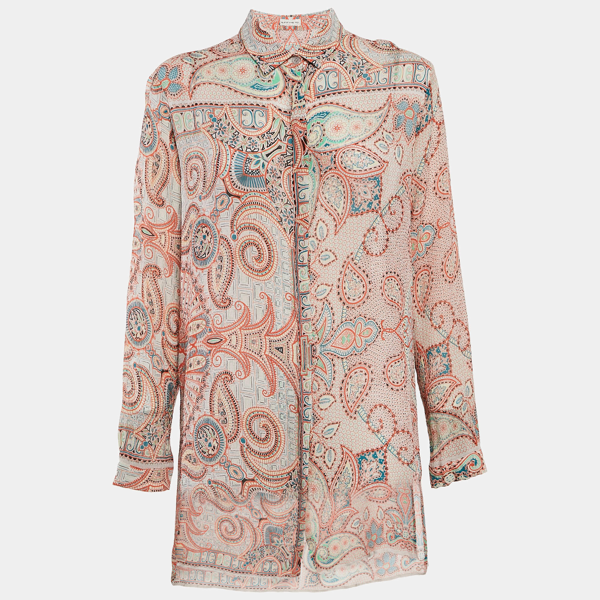 Etro Orange Paisley Print Crinkled Chiffon Shirt L