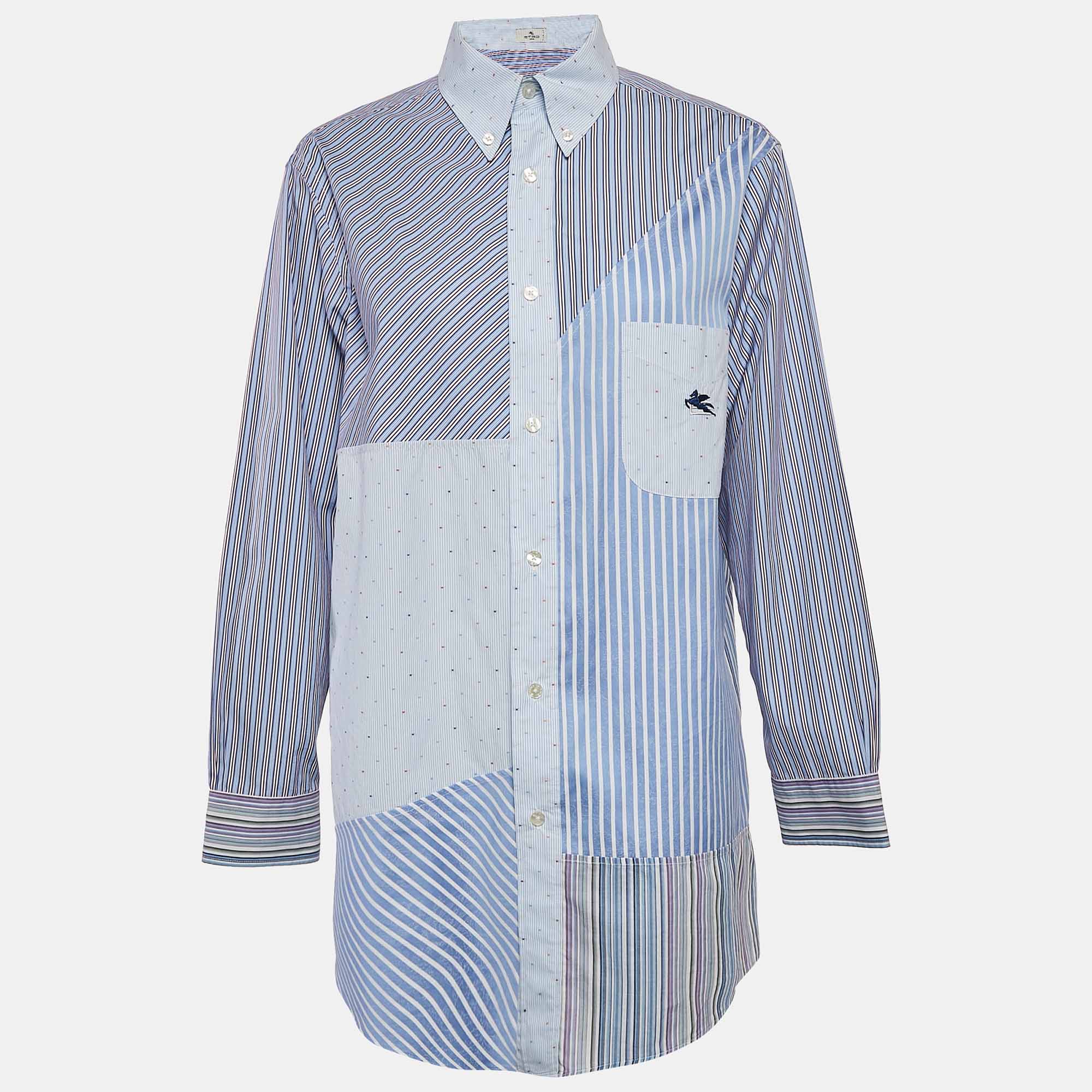Etro Blue Patch Work Cotton Loose Fit Shirt S