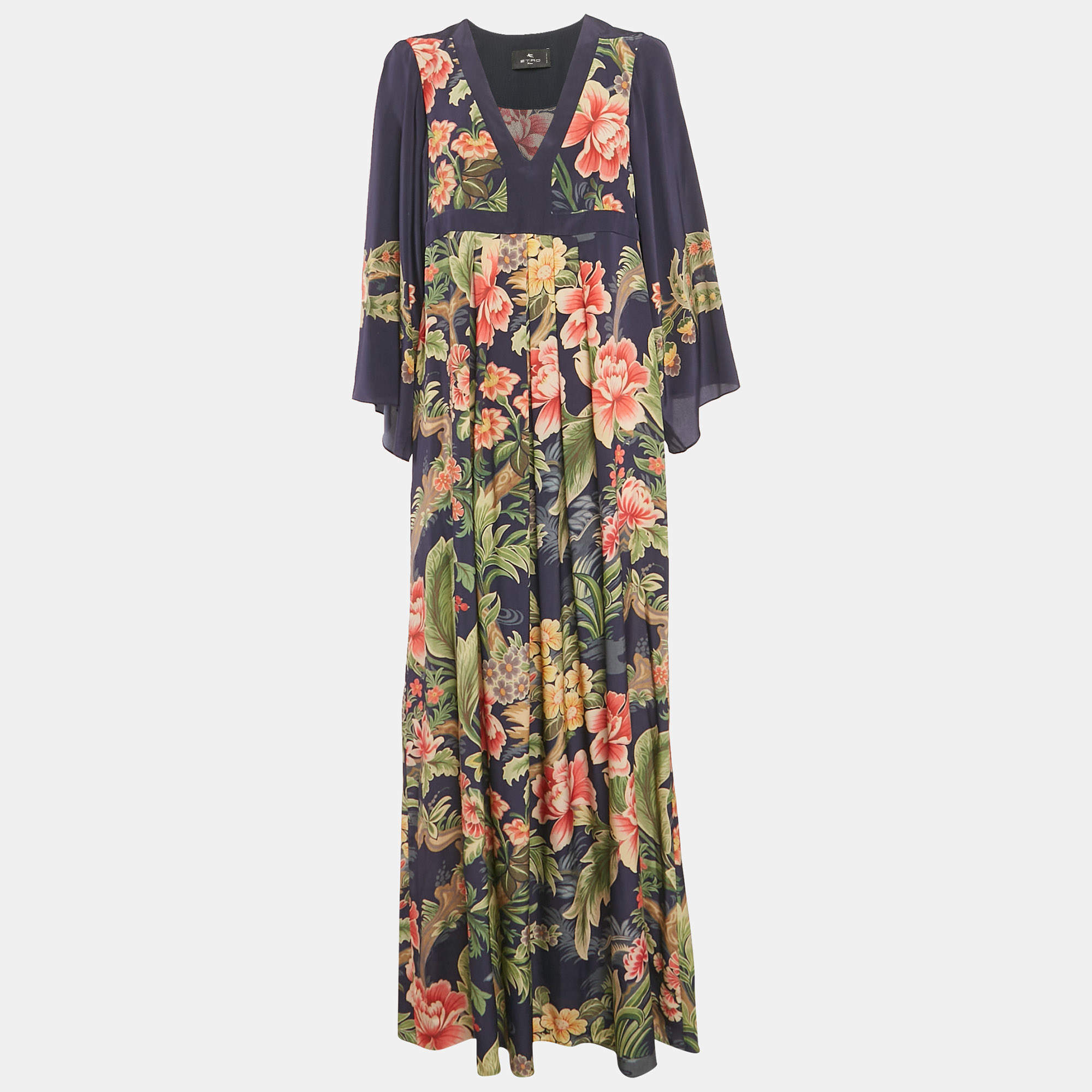 Pre Owned Etro Navy Blue Floral Print Silk Pleated Maxi Dress L
