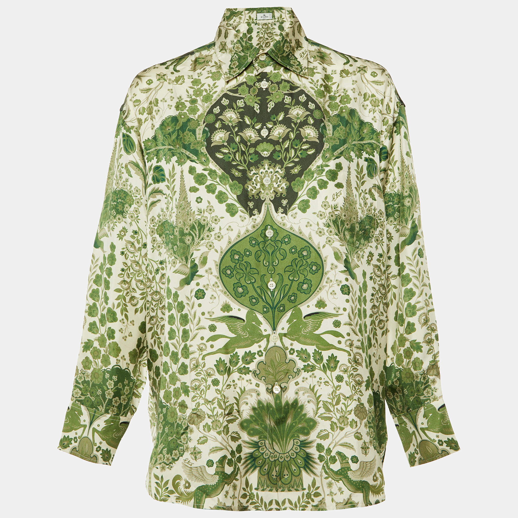 Pre Owned Etro Green Floral Print Silk Artica Oversized Shirt S 