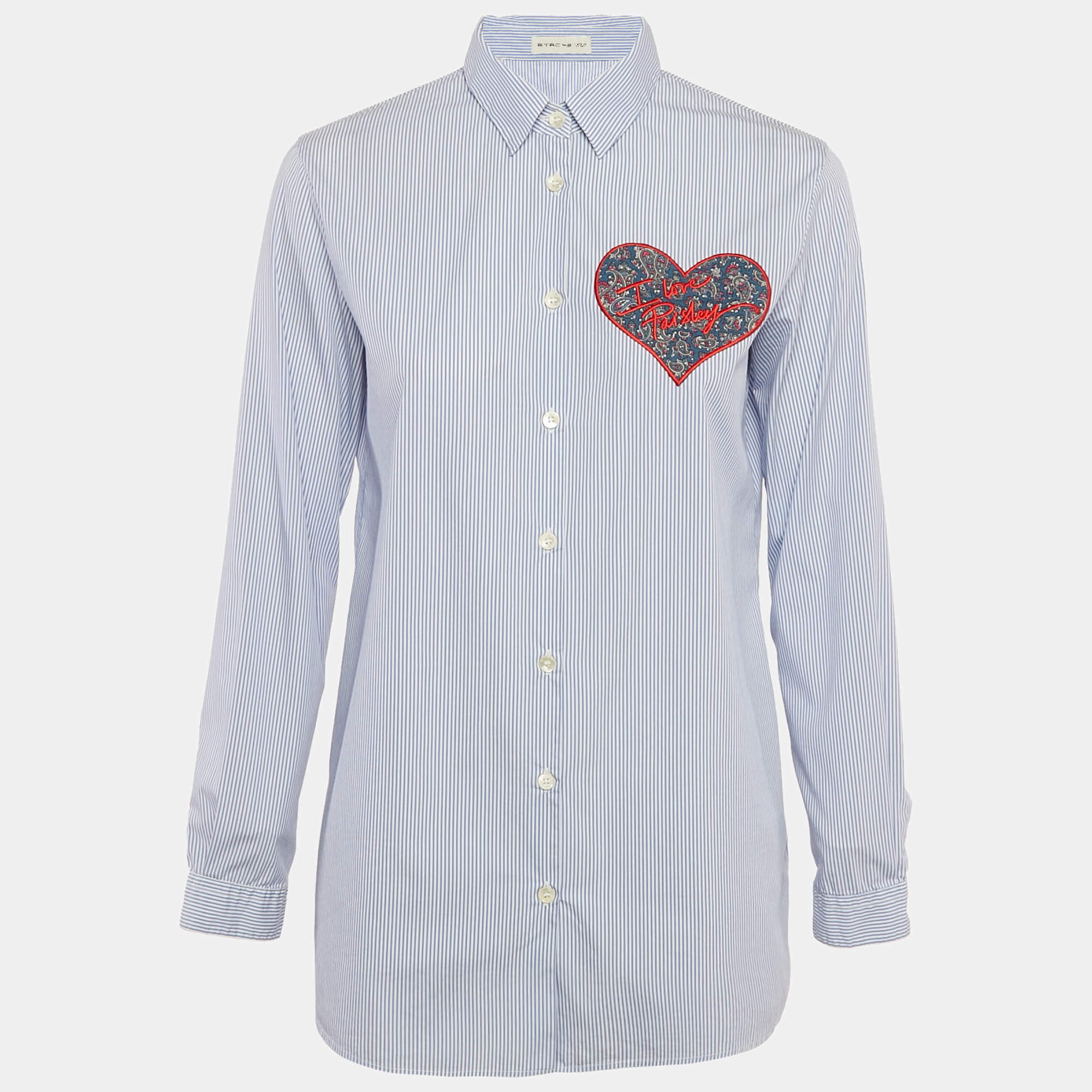 Pre Owned Etro Blue Striped Cotton Paisley Heart Applique Shirt M