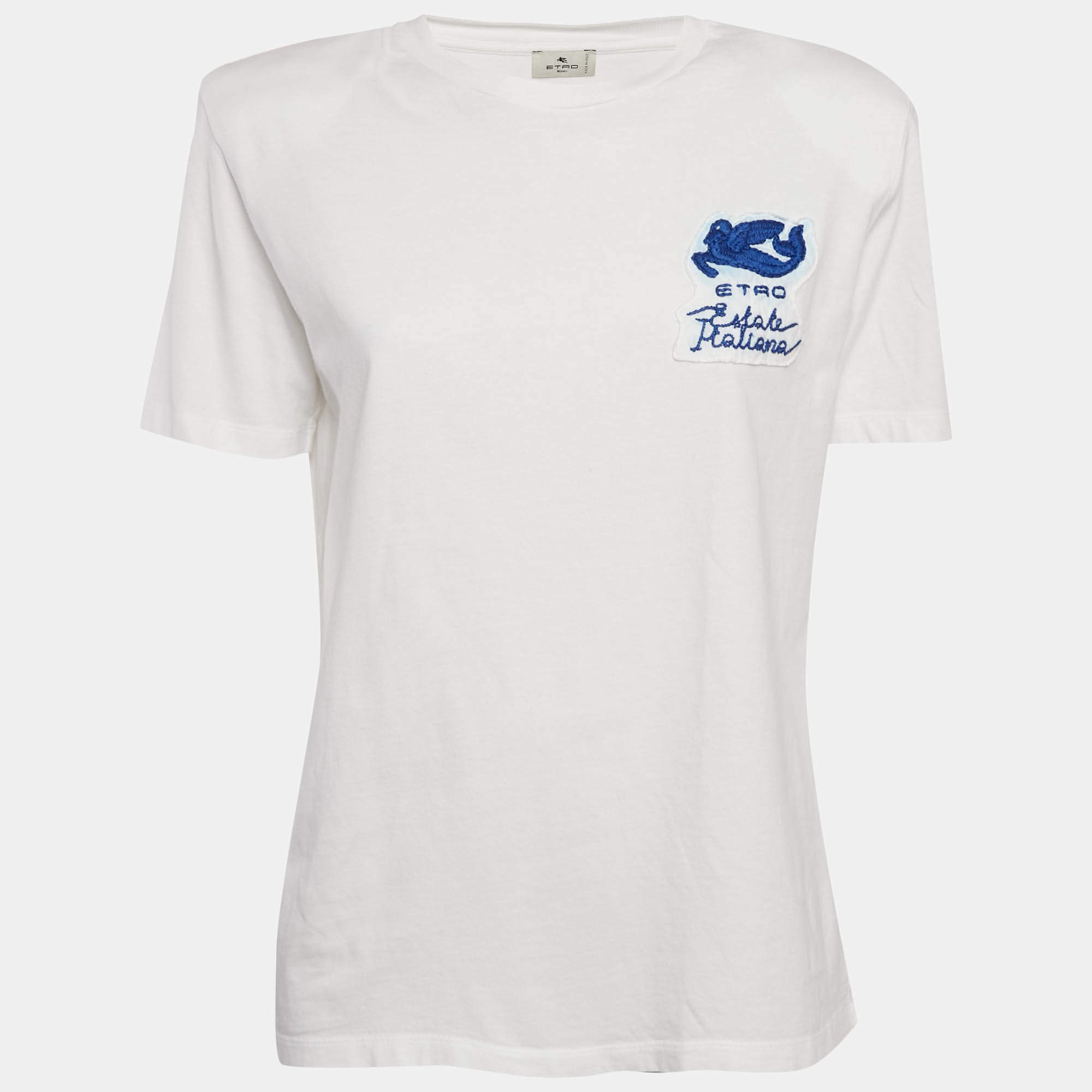 Etro White Applique Jersey Structured Shoulder T-Shirt S