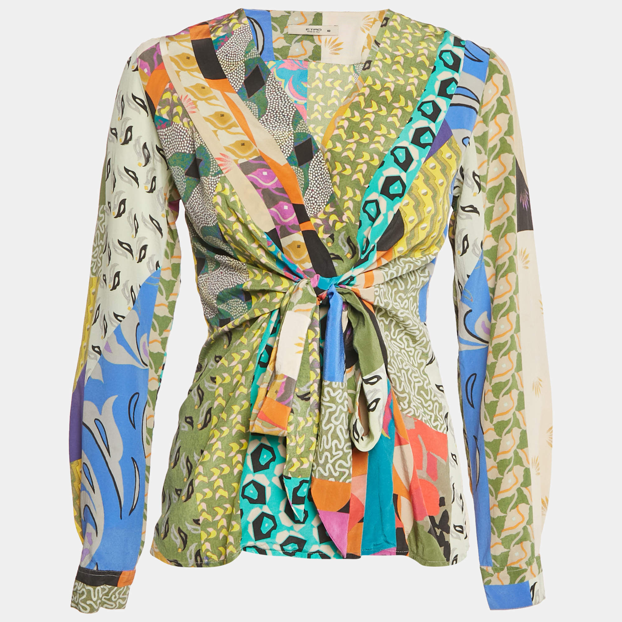 Pre Owned Etro Multicolor Printed Silk Blouse Tie-Up Blouse S