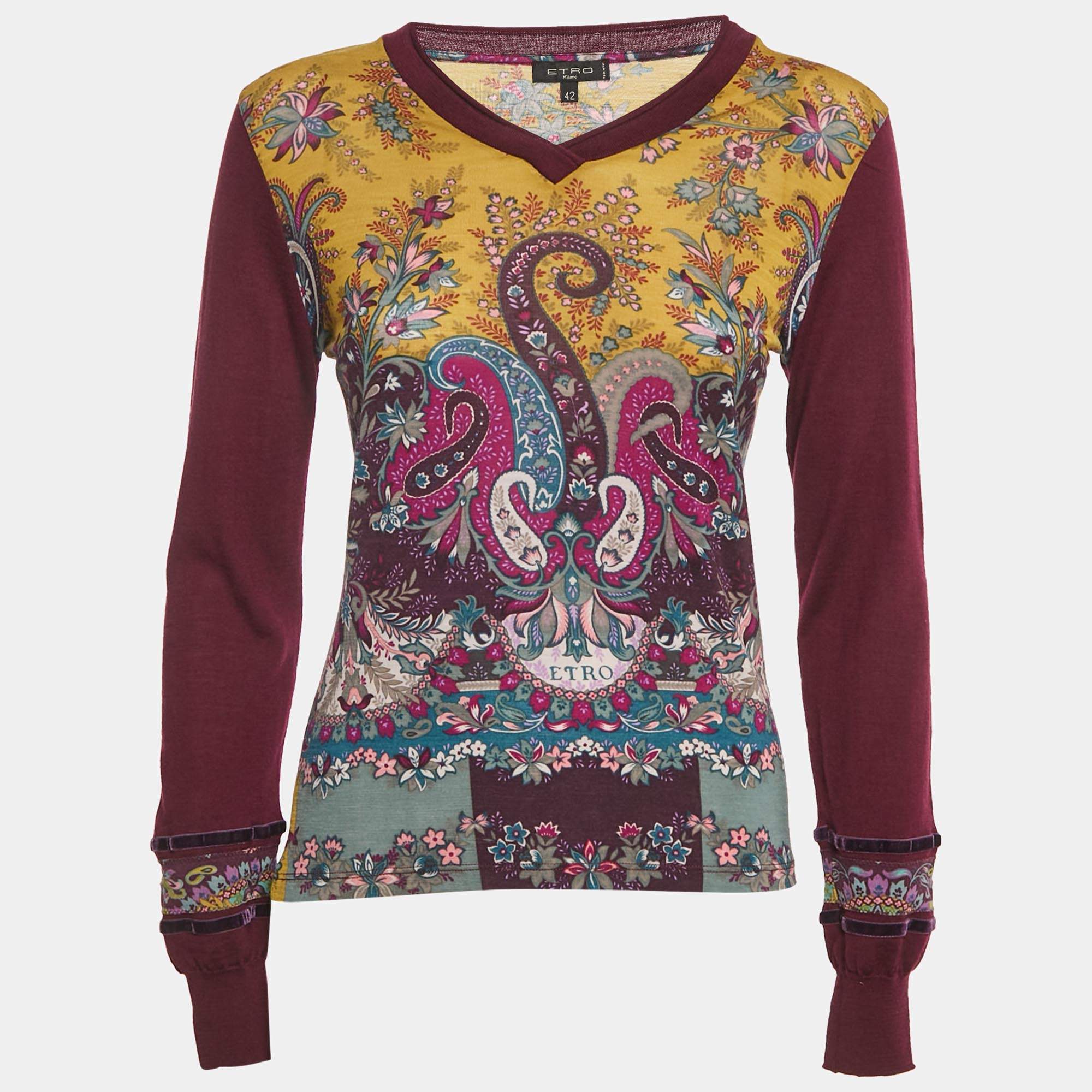 مملوكة مسبقًا Etro Purple/Yellow Paisley Pattern Wool Knit Sweatshirt M