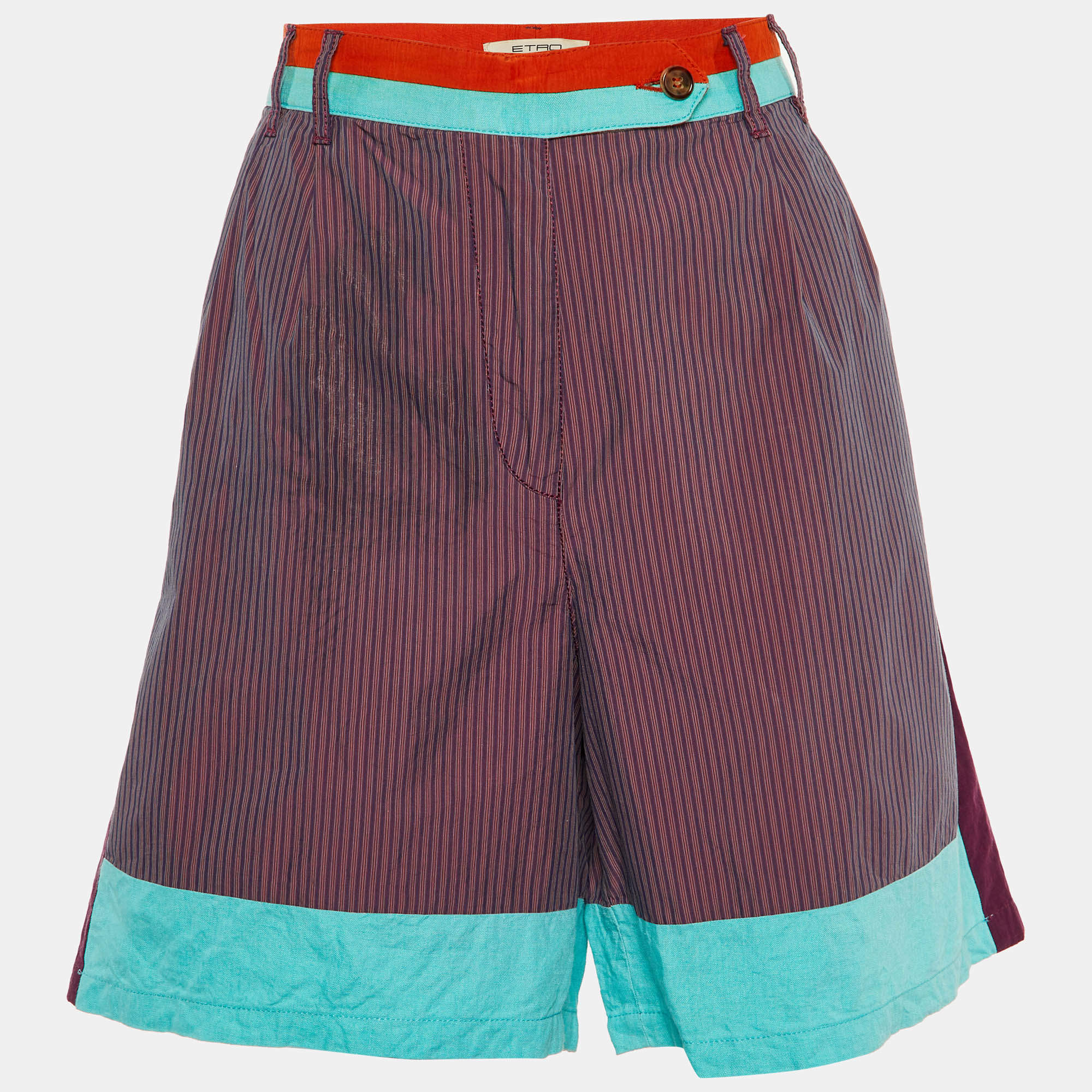 Pre Owned Etro Purple Colorblock Striped Cotton & Linen Shorts M