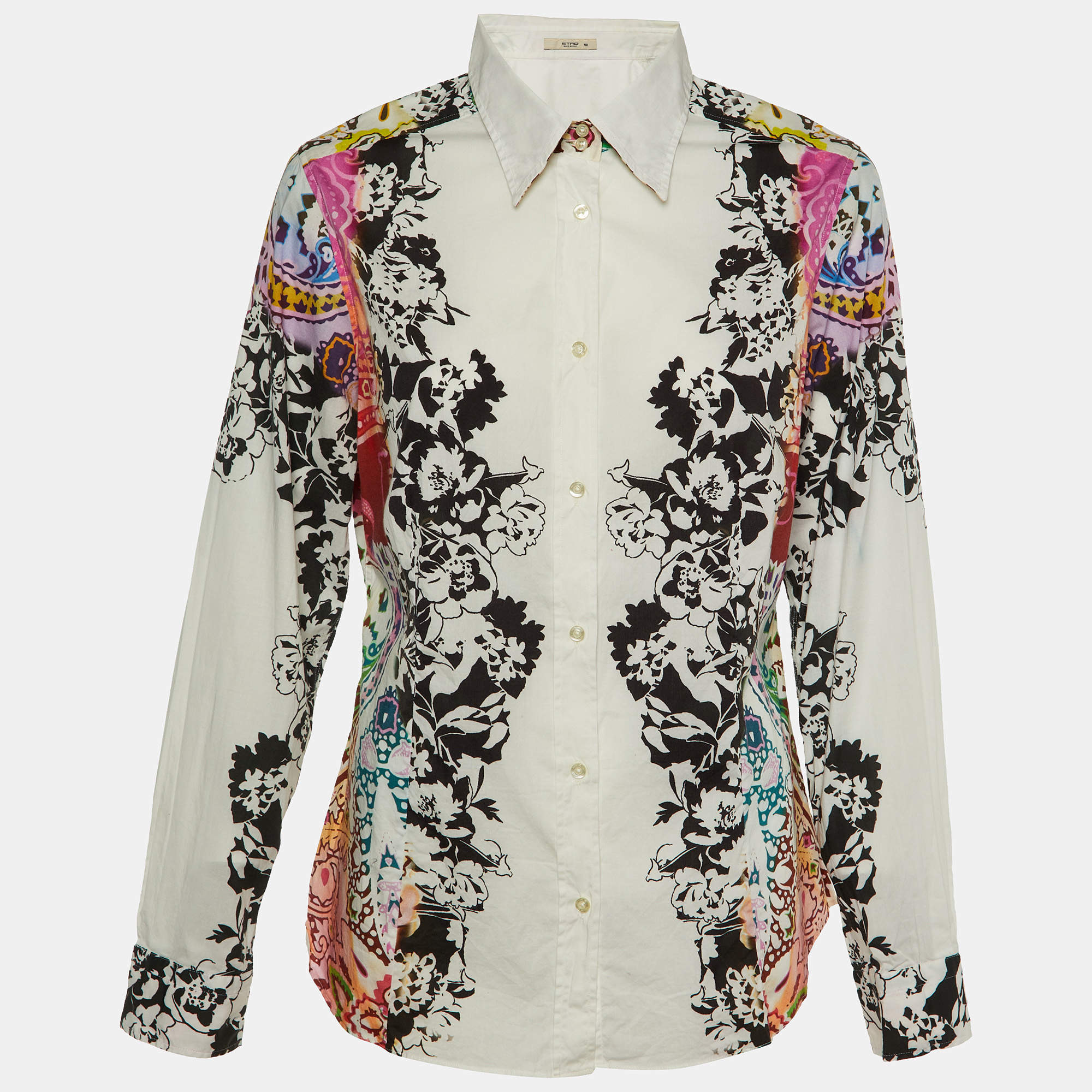 Etro White Floral Print Cotton Button Front Shirt XL
