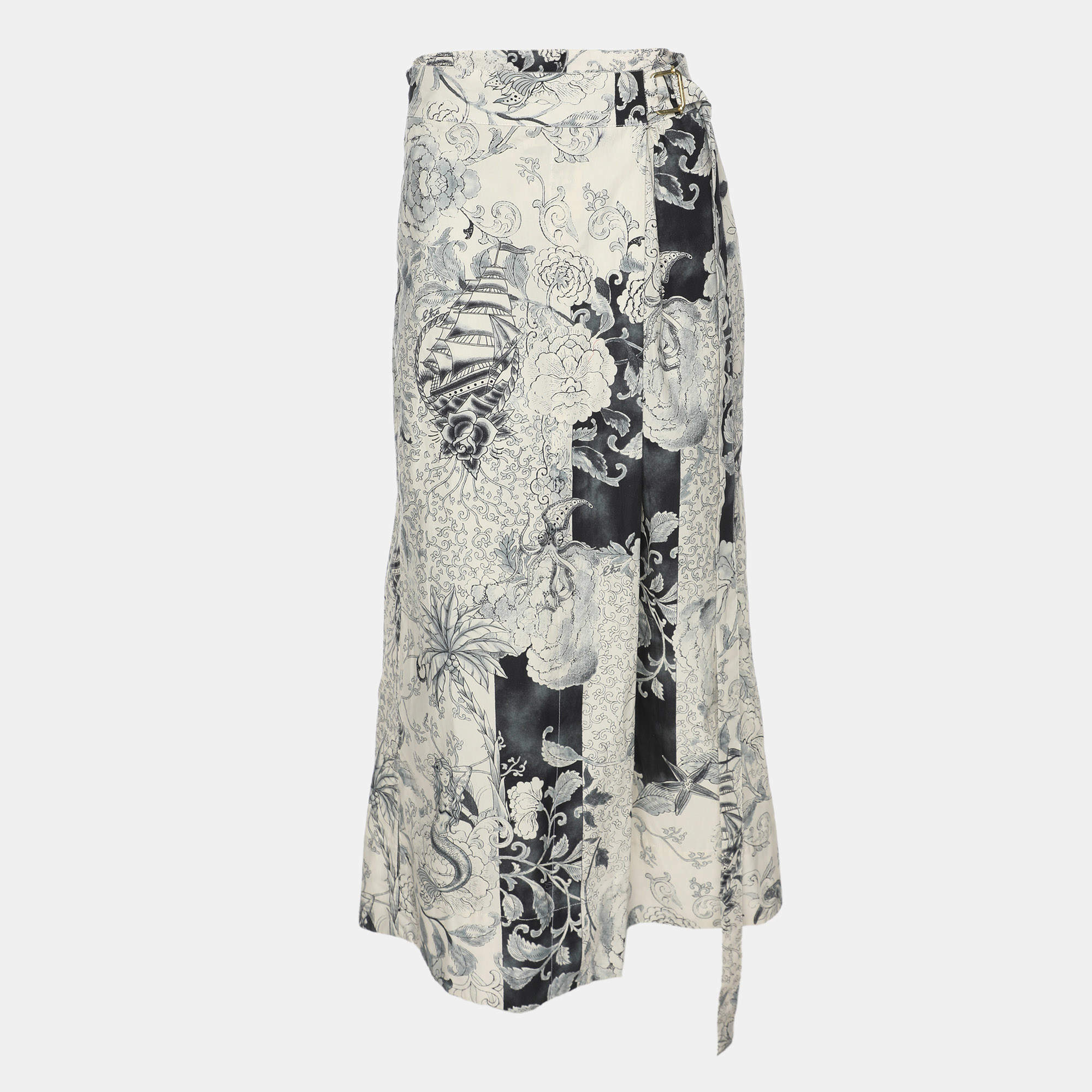 Etro White/Grey Painterly Cotton Wrap Maxi Skirt L