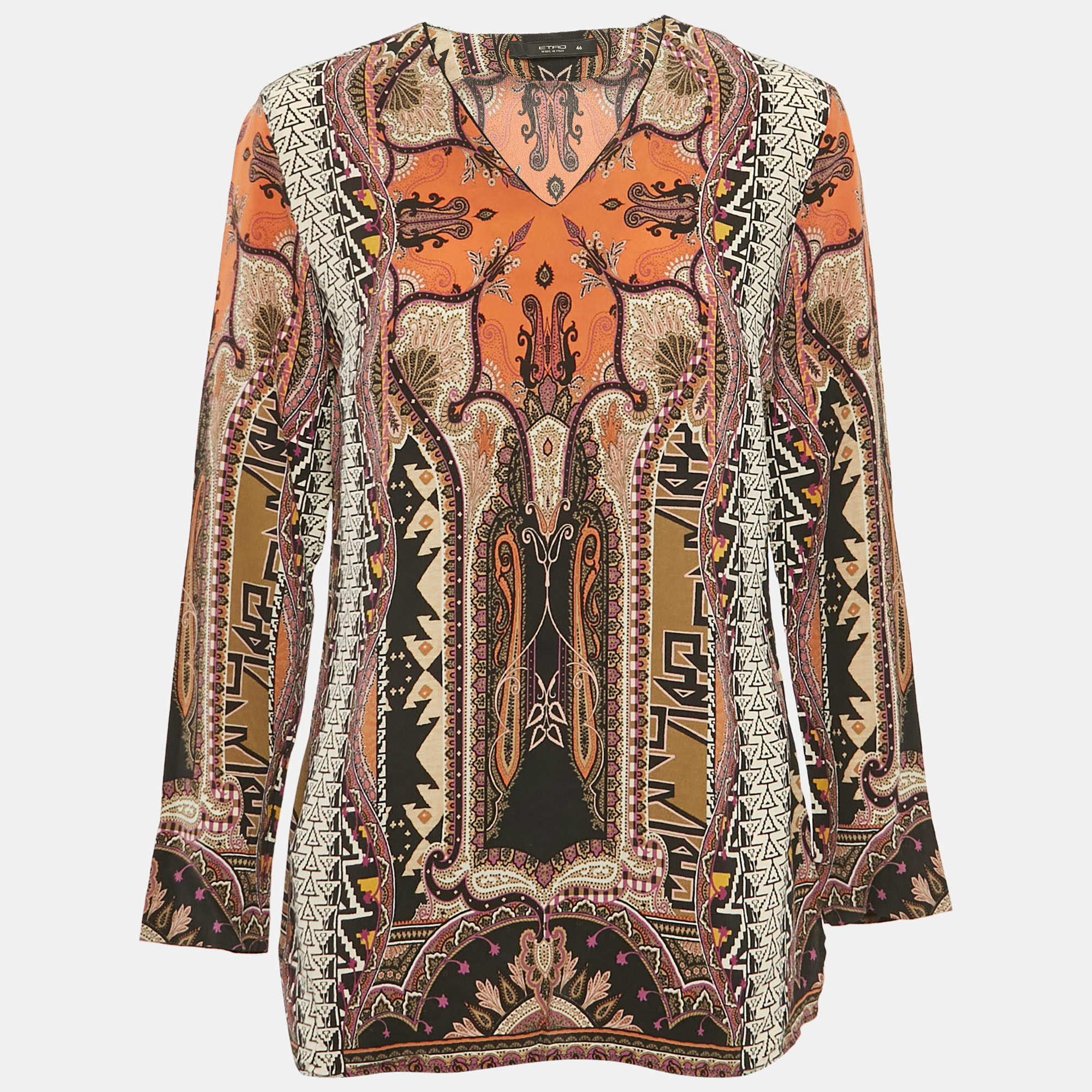 Etro Brown Paisley Print Silk V-Neck Blouse L