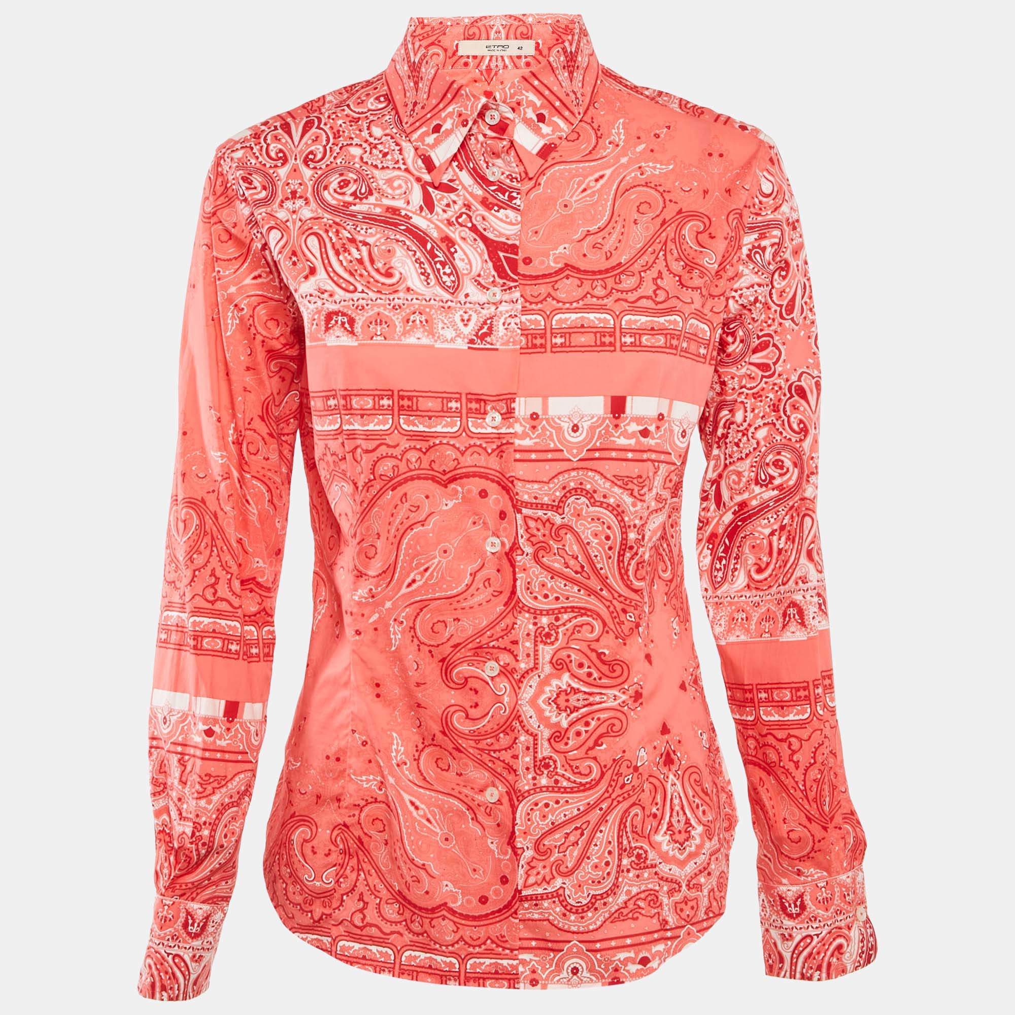 Etro Coral Pink Paisley Print Cotton Button Front Shirt M 