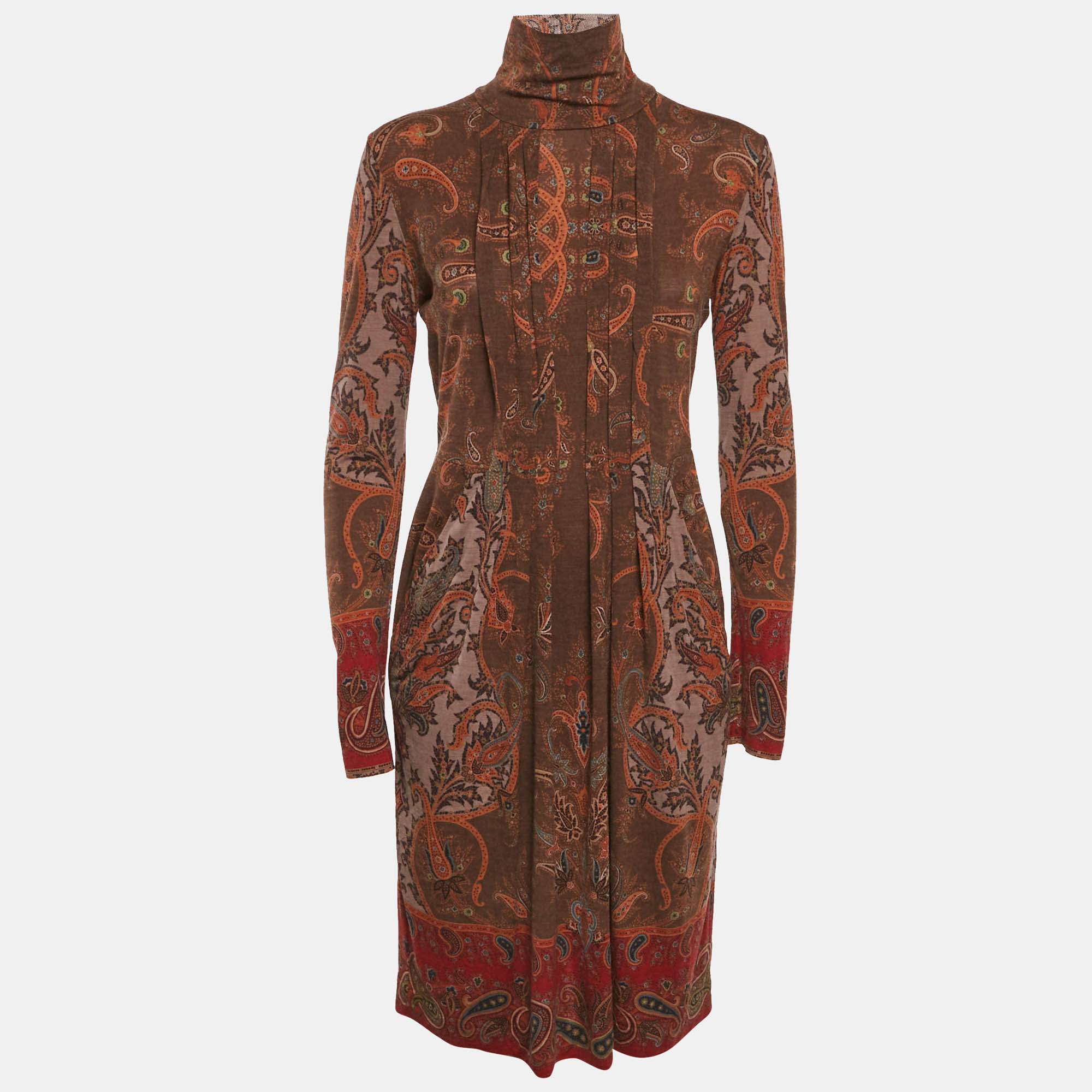 Pre Owned Etro Brown Paisley Print Wool Blend Knit Midi Dress M