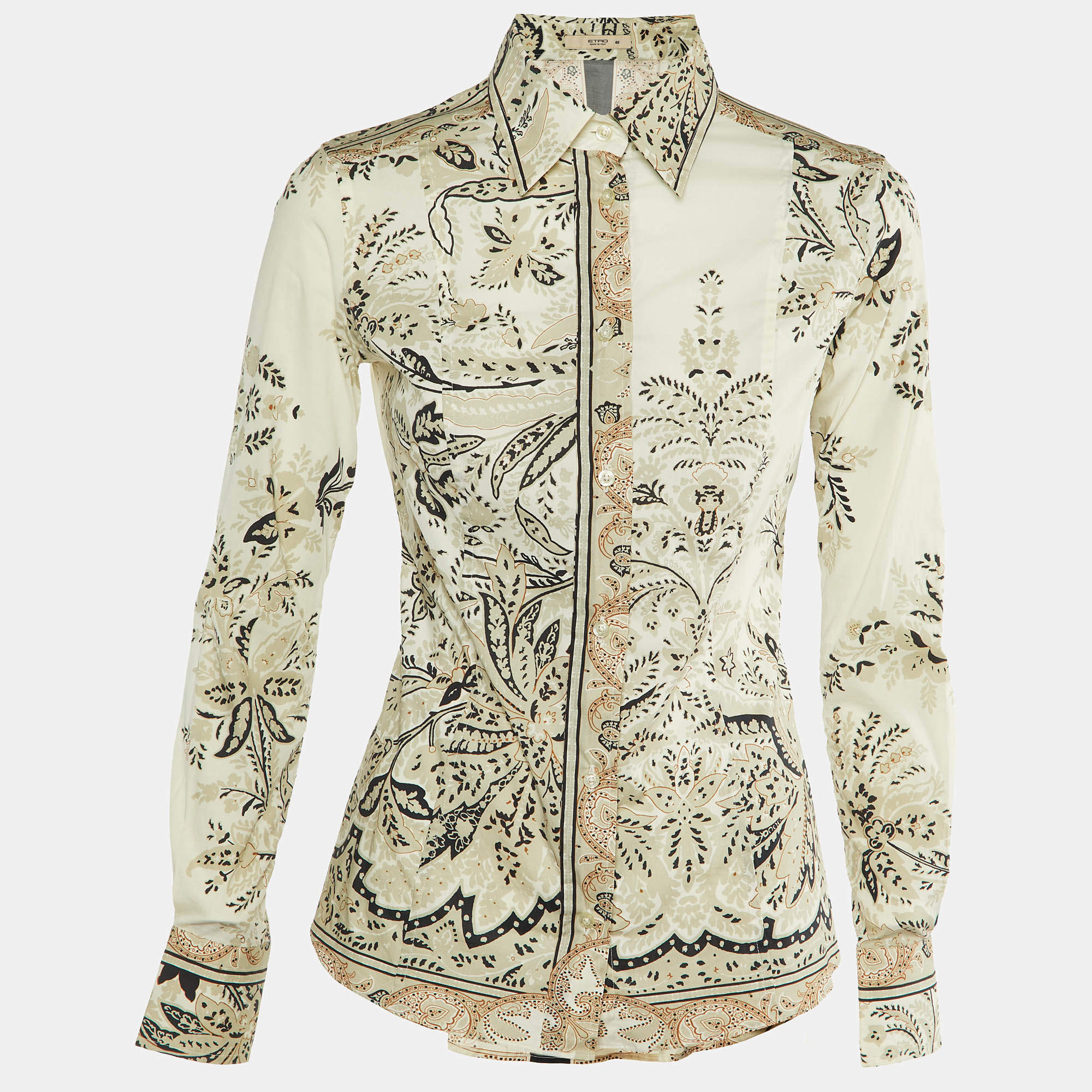 Etro Cream Floral Paisley Print Cotton Button Front Shirt S 