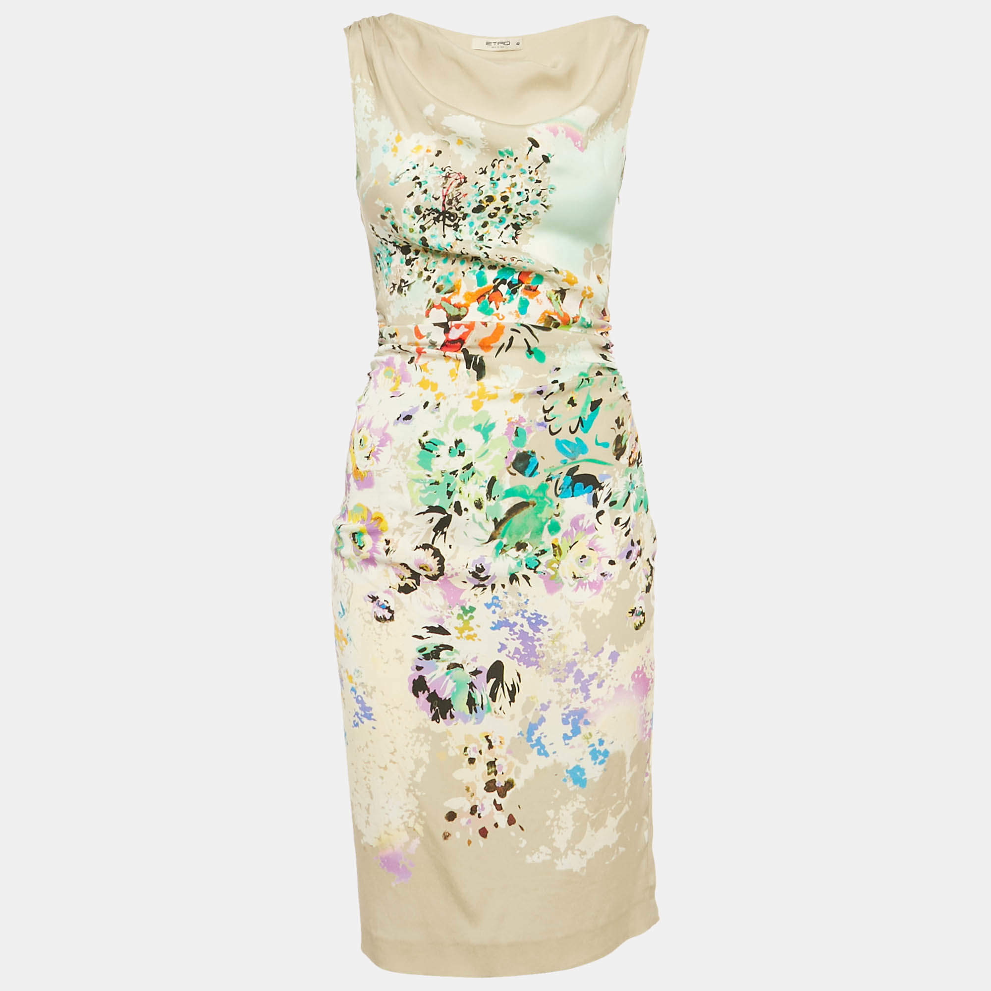 Pre Owned Etro Multicolor Printed Silk Ruched Knee-Length Dress M