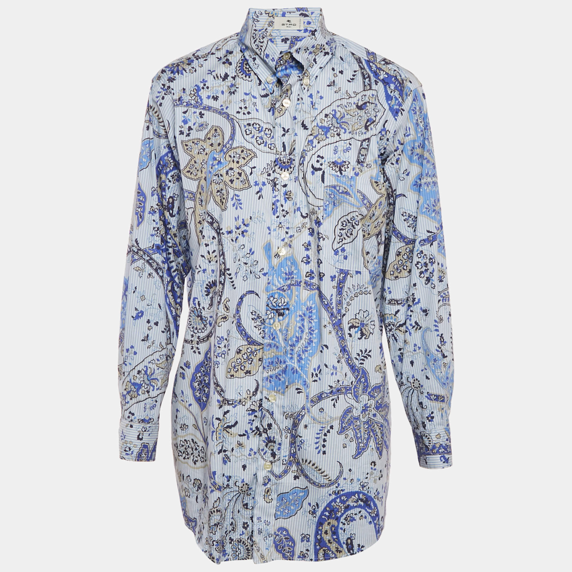 Pre Owned Etro Blue Printed Cotton Blend Button Front Shirt XS