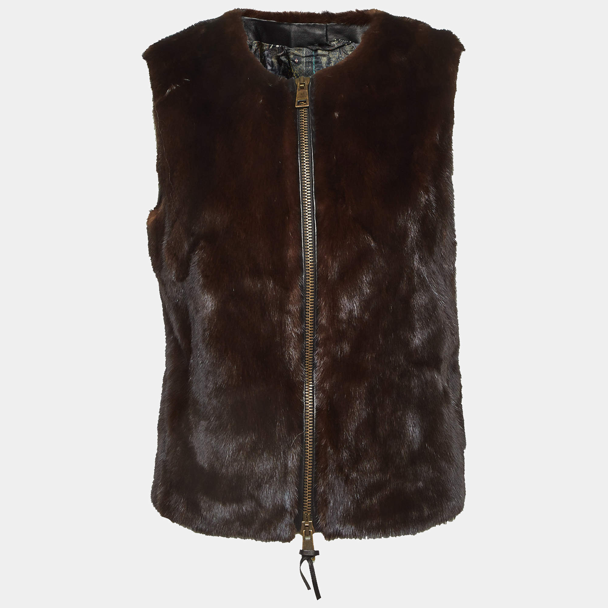 Pre Owned سترة بدون أكمام فرو منك بني إيترو مقاس متوسط (ميديوم)