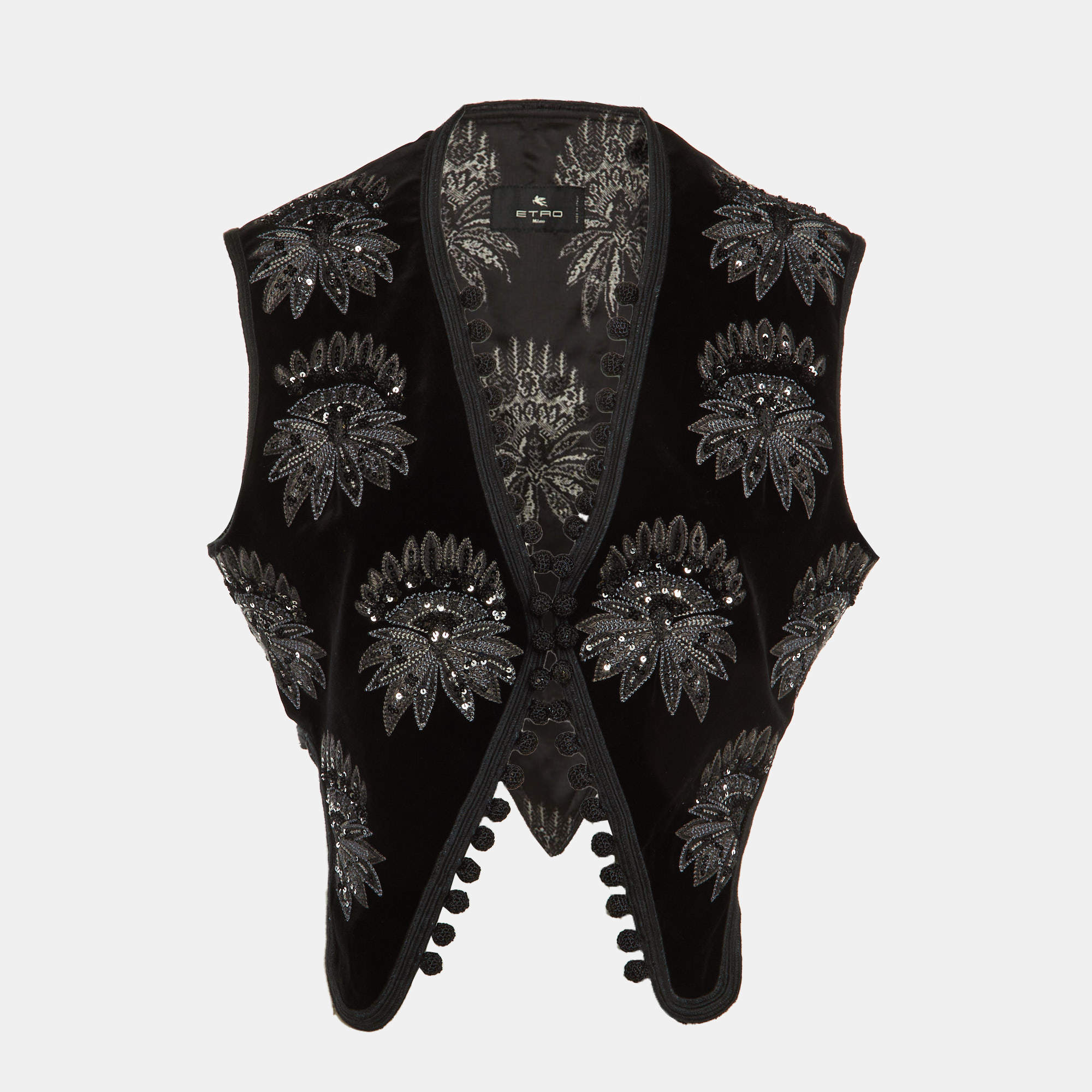 Pre Owned Etro Black Embroidered & Beaded Velvet Vest Jacket L  