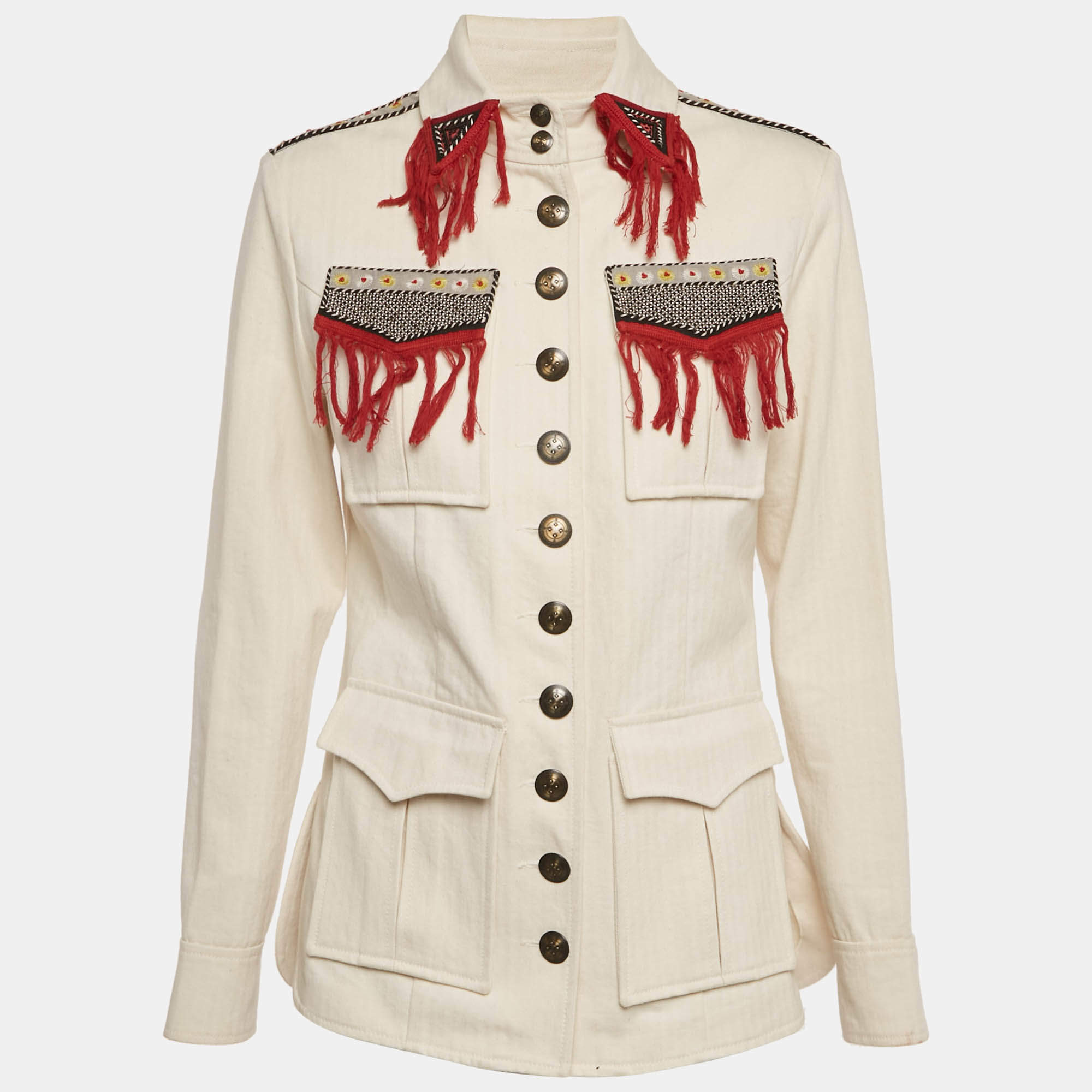 Pre Owned Etro Off-White Herringbone Cotton Patchwork Detail Button Front Jacket S