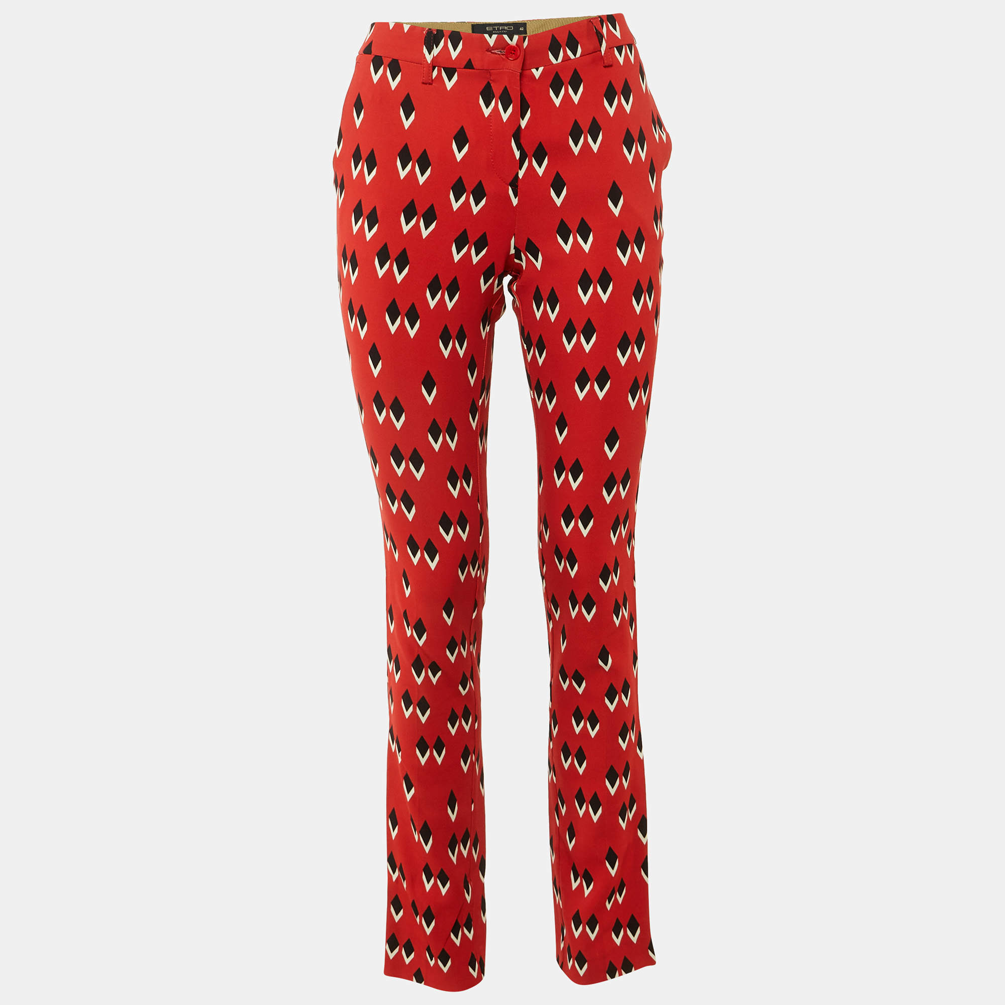 Pre Owned Etro Red Geometric Print Crepe Slim Fit Trousers M