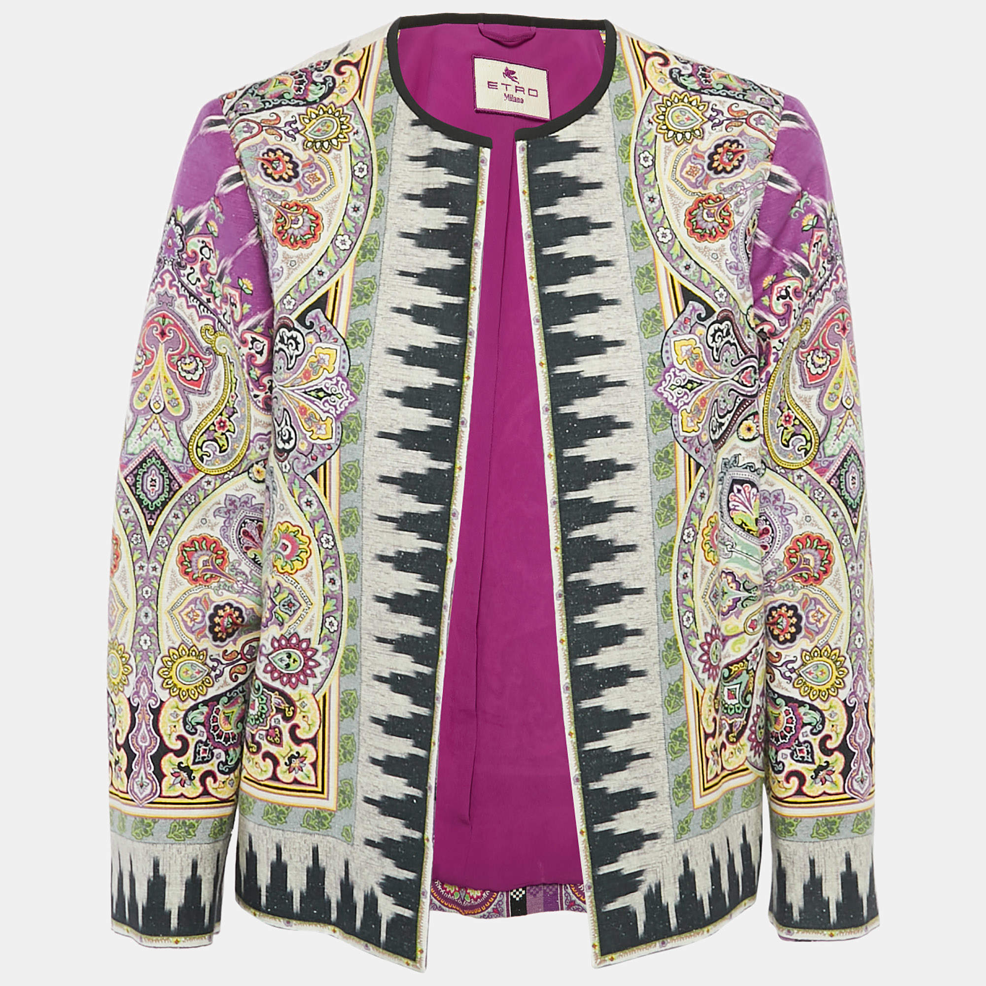 Pre Owned Etro Multicolor Ikat Print Cotton and Silk Open Front Jacket L