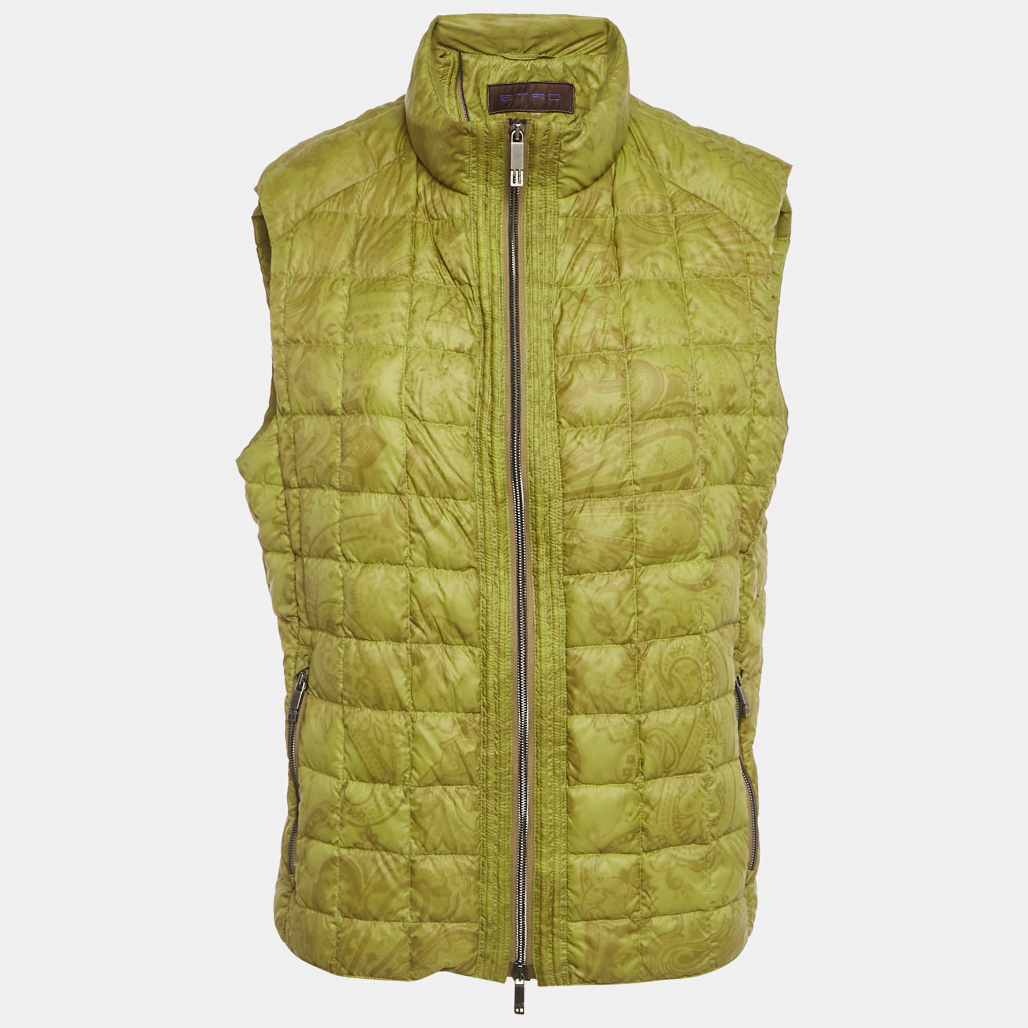 Pre Owned Etro Green Printed Nylon Sleeveless Quilted Down Jacket L
