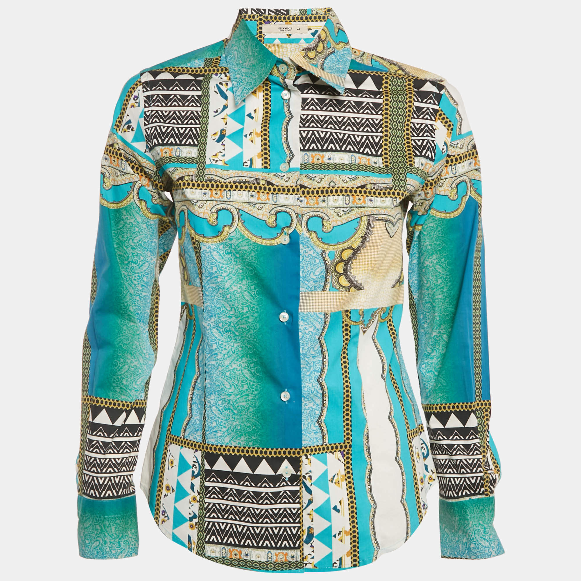 Pre Owned Etro Blue Paisley Print Stretch Cotton Tribal Accent Shirt S