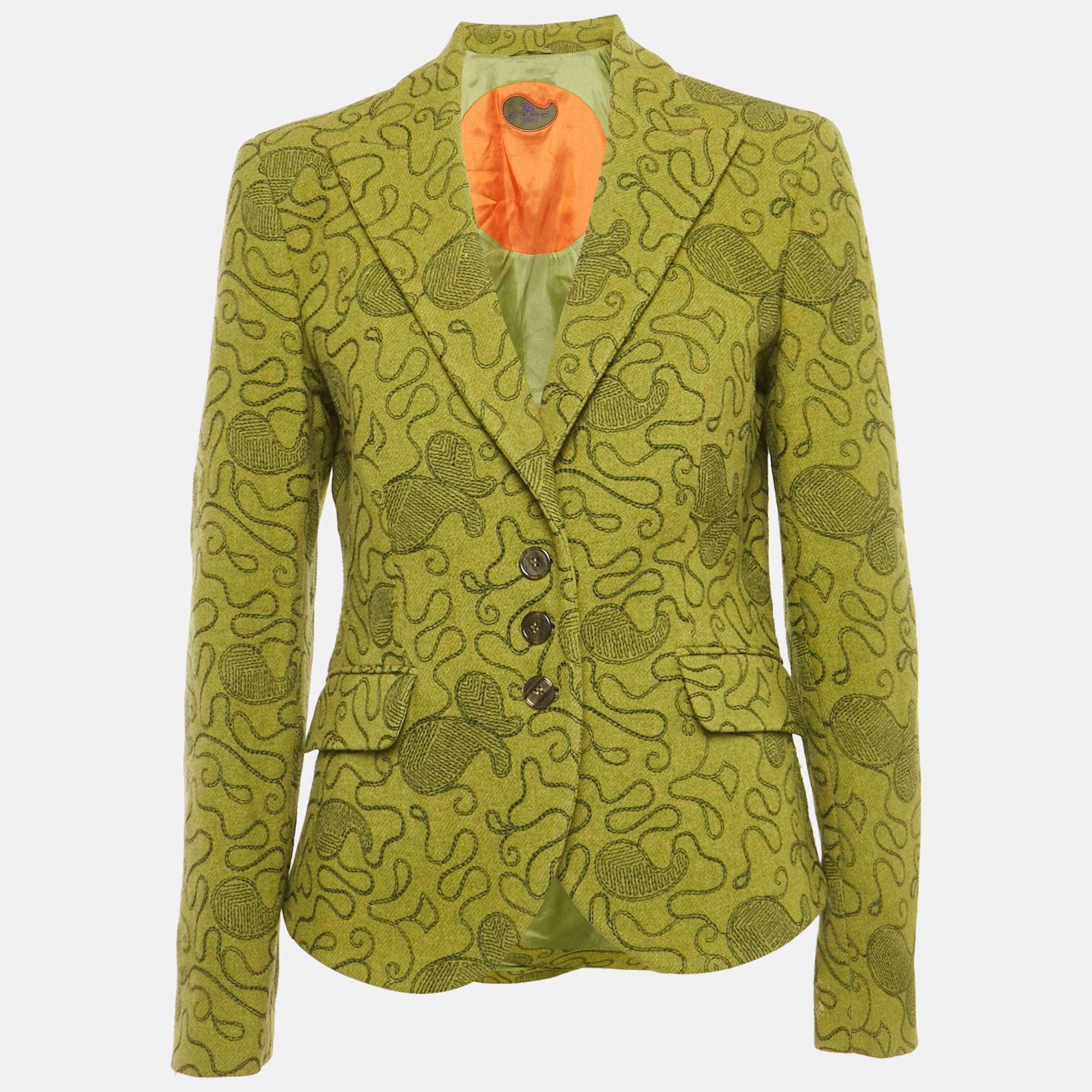 Pre Owned Etro Green Embroidered Wool Single Breasted Blazer L