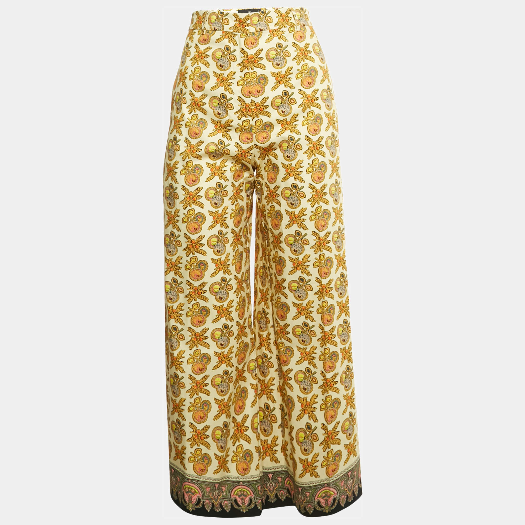Pre Owned Etro Yellow Printed Cotton Wide Leg Trousers M
