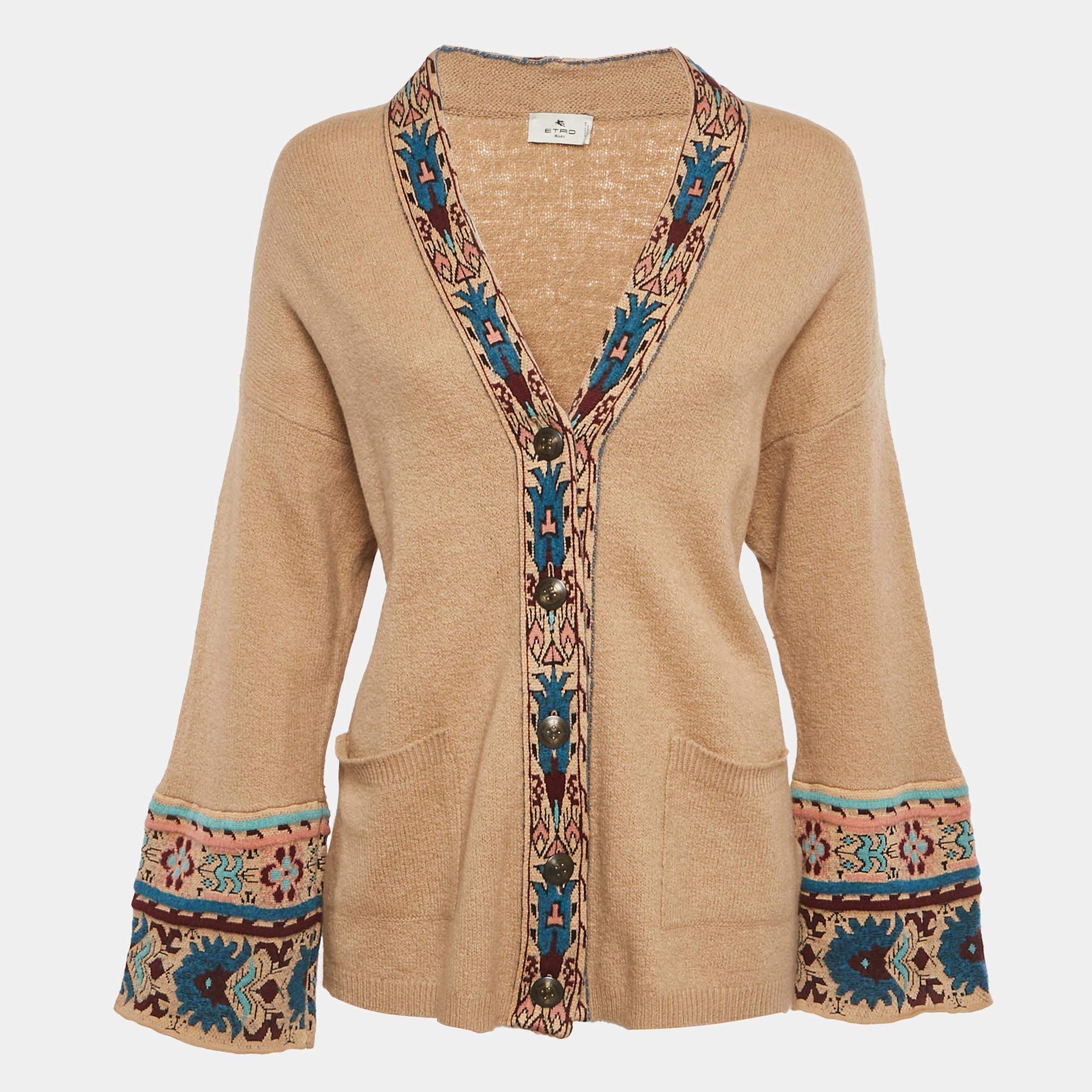 Pre Owned Etro Beige Intarsia Wool Blend Cardigan L