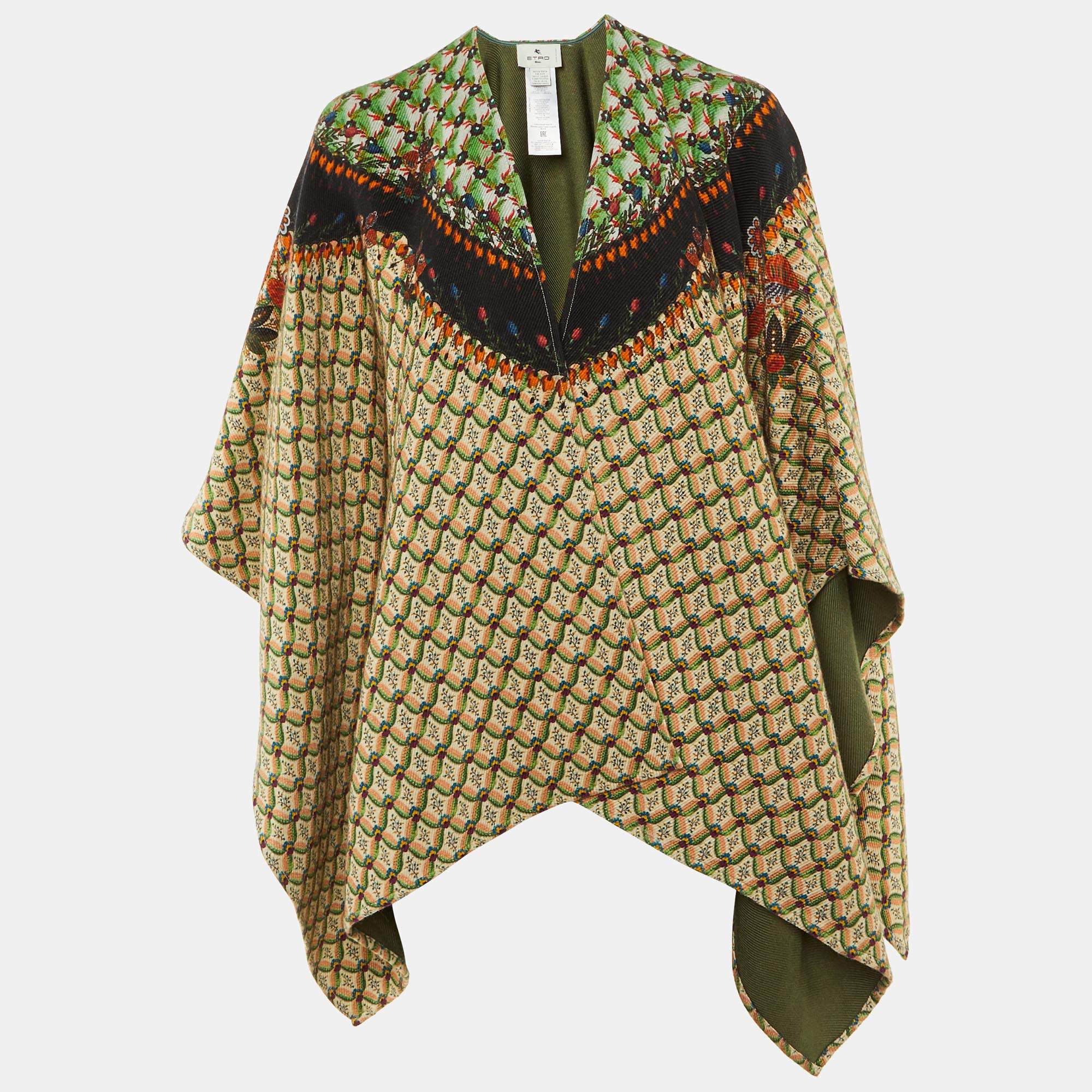 Pre Owned Etro Green/Beige Floral Print Wool Cape One Size