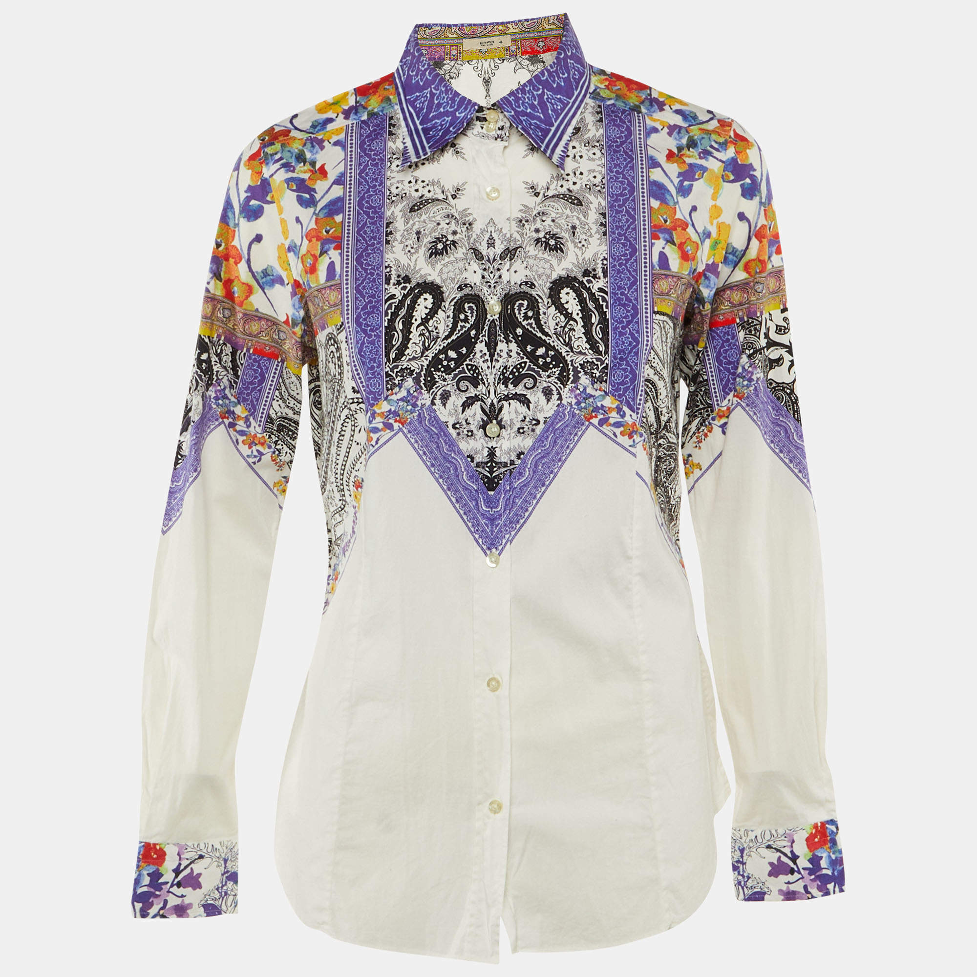Pre Owned Etro White/Purple Paisley Print Cotton Button Front Shirt L