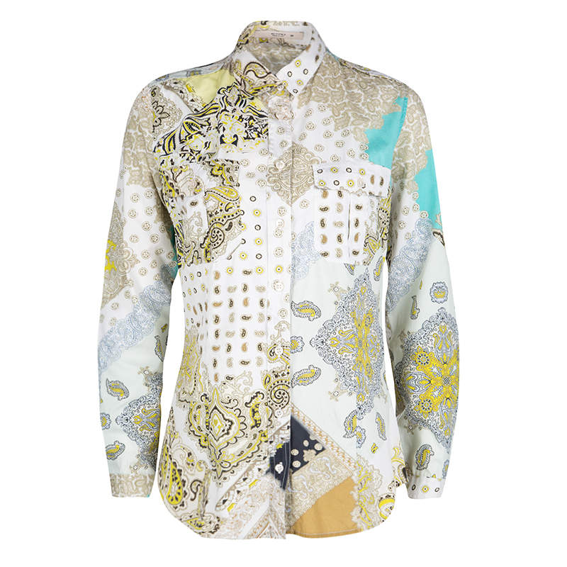 مملوكة مسبقًا قميص إيترو أكمام طويلة قطن طباعة بيزلي متعدد الألوان S